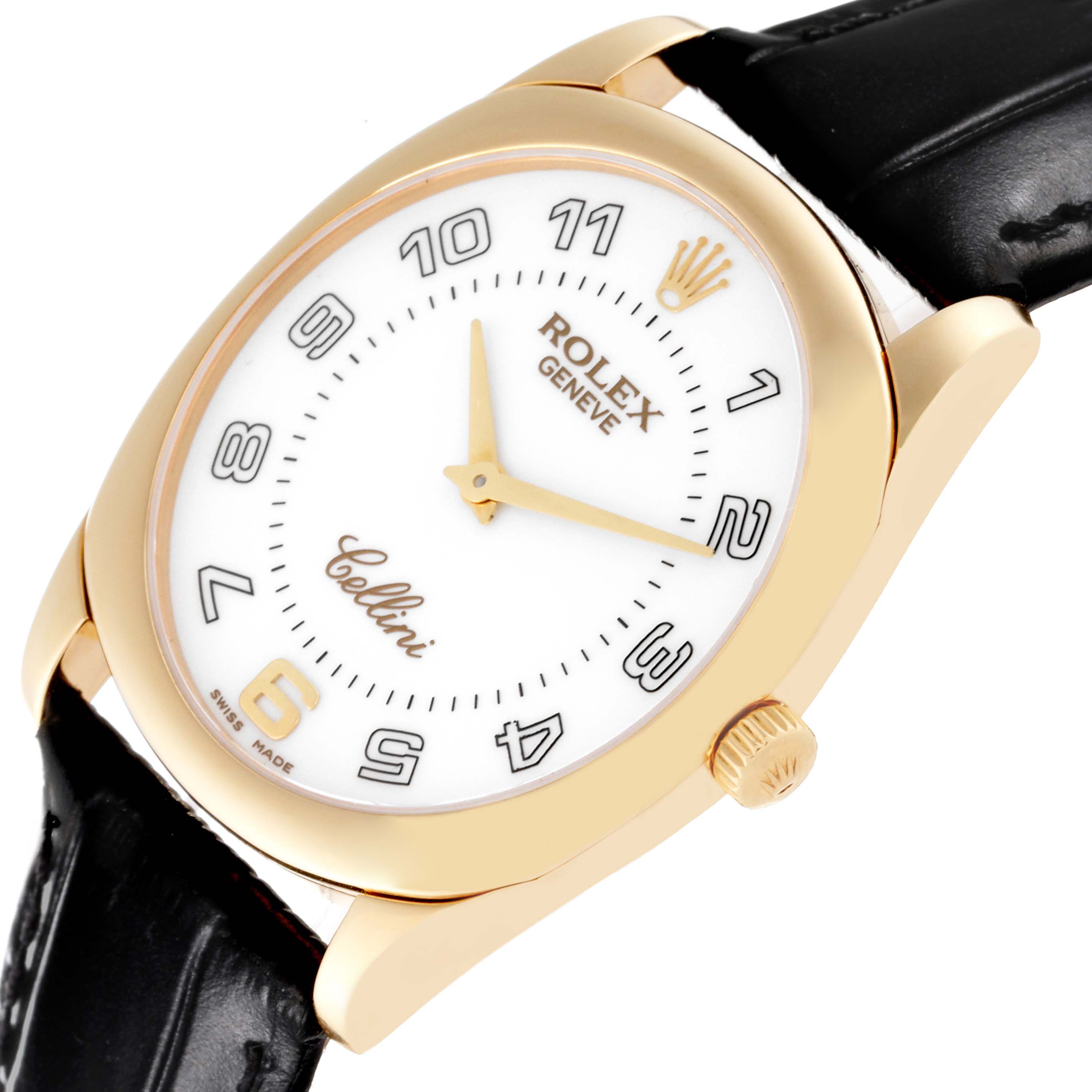 The image shows a close-up of a Rolex Cellini 4233 Men's Yellow Gold White Dial 4233 Men's Yellow Gold White Dial model watch, highlighting its dial, crown, and leather strap from an angled top-down view.