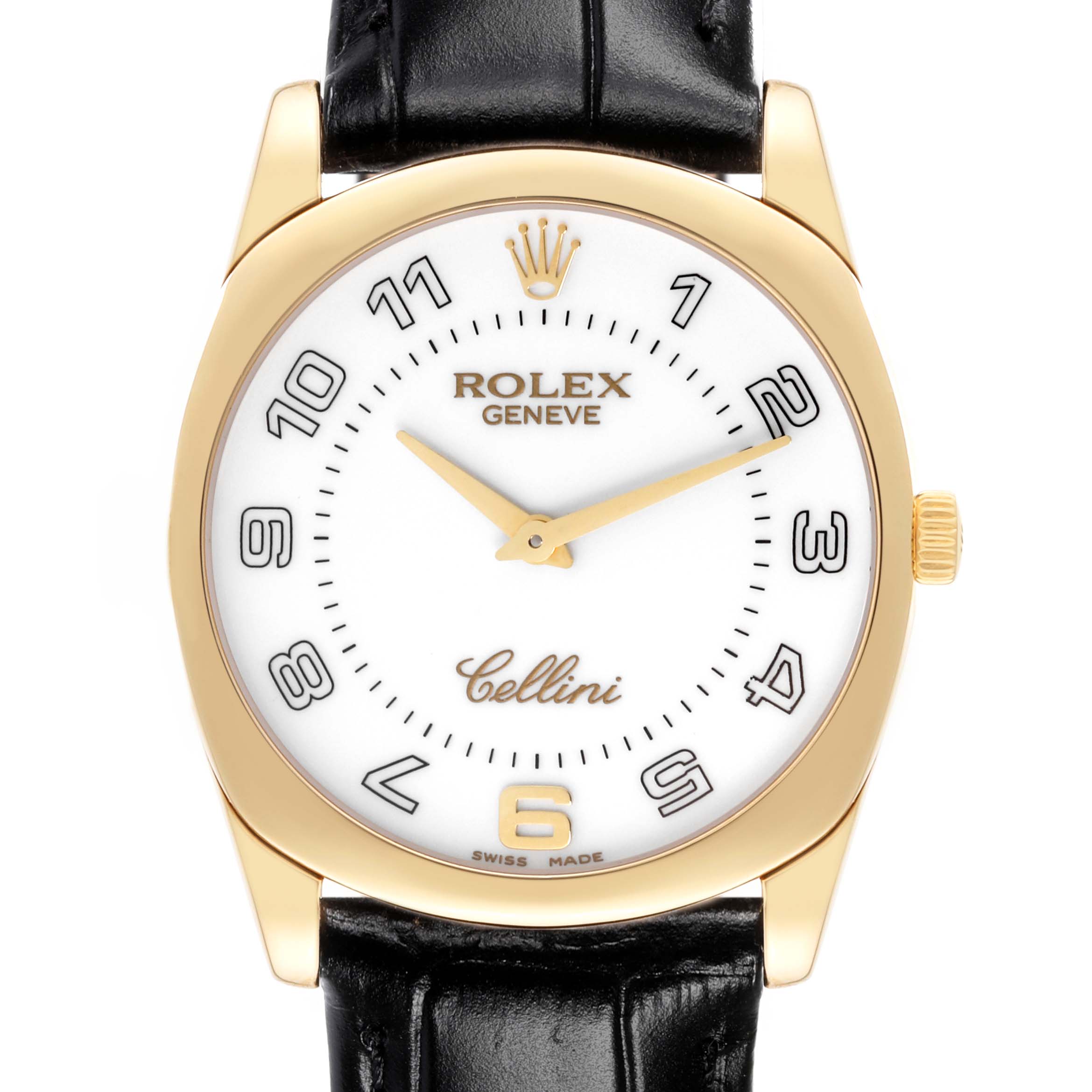This image shows a front view of the Rolex Cellini 4233 Men's Yellow Gold White Dial 4233 Men's Yellow Gold White Dial watch featuring its dial, hands, and black leather strap.