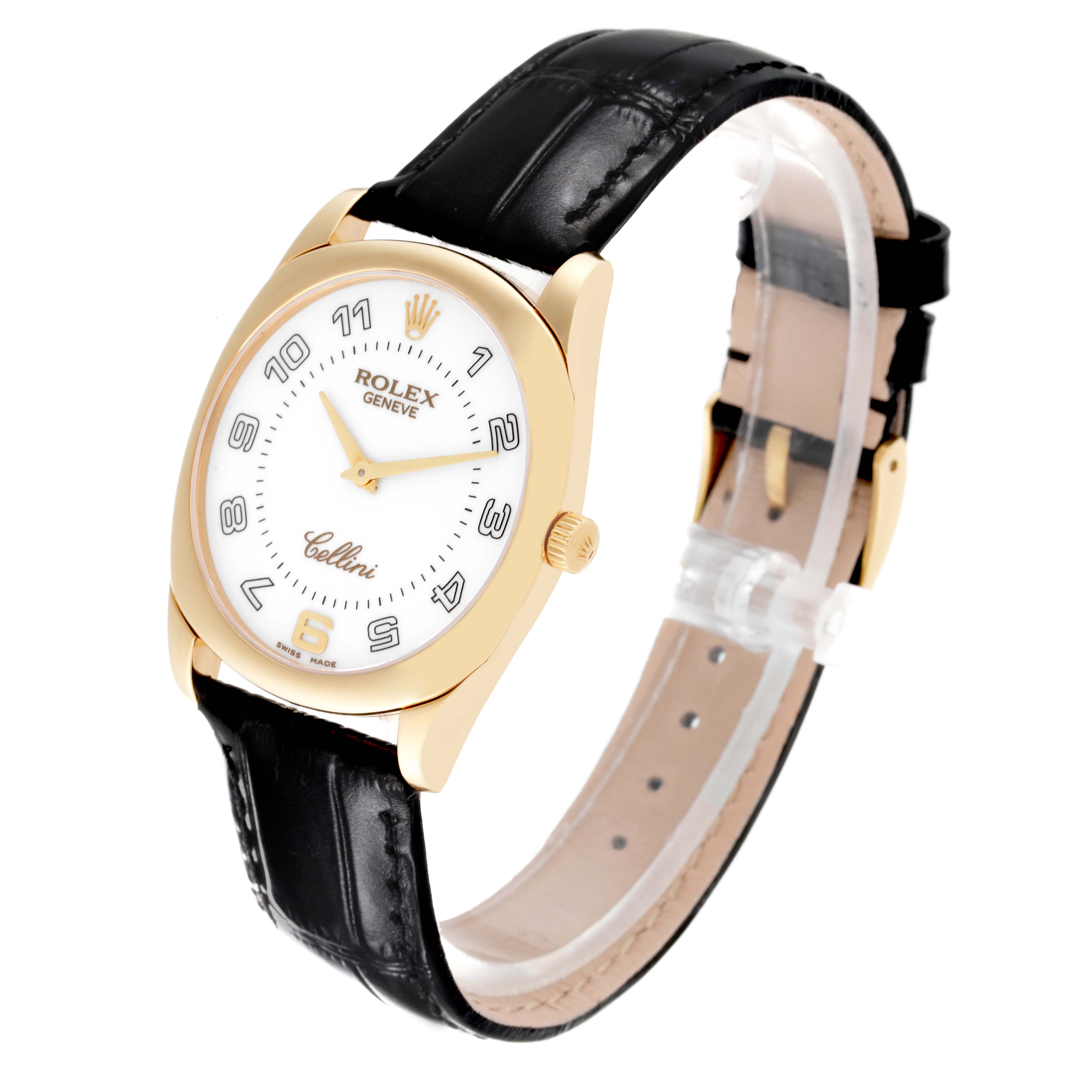 The image shows a front angle of the Rolex Cellini 4233 Men's Yellow Gold White Dial 4233 Men's Yellow Gold White Dial watch, highlighting its face, black leather strap, and gold case.