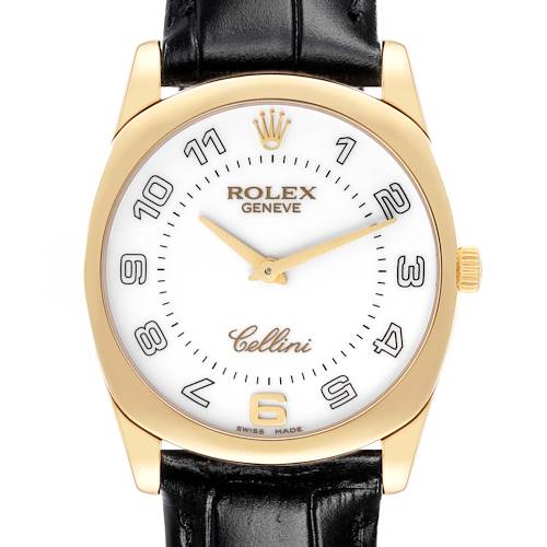 The image shows a front view of the Rolex Cellini watch, displaying the dial, bezel, crown, and a portion of the leather strap.