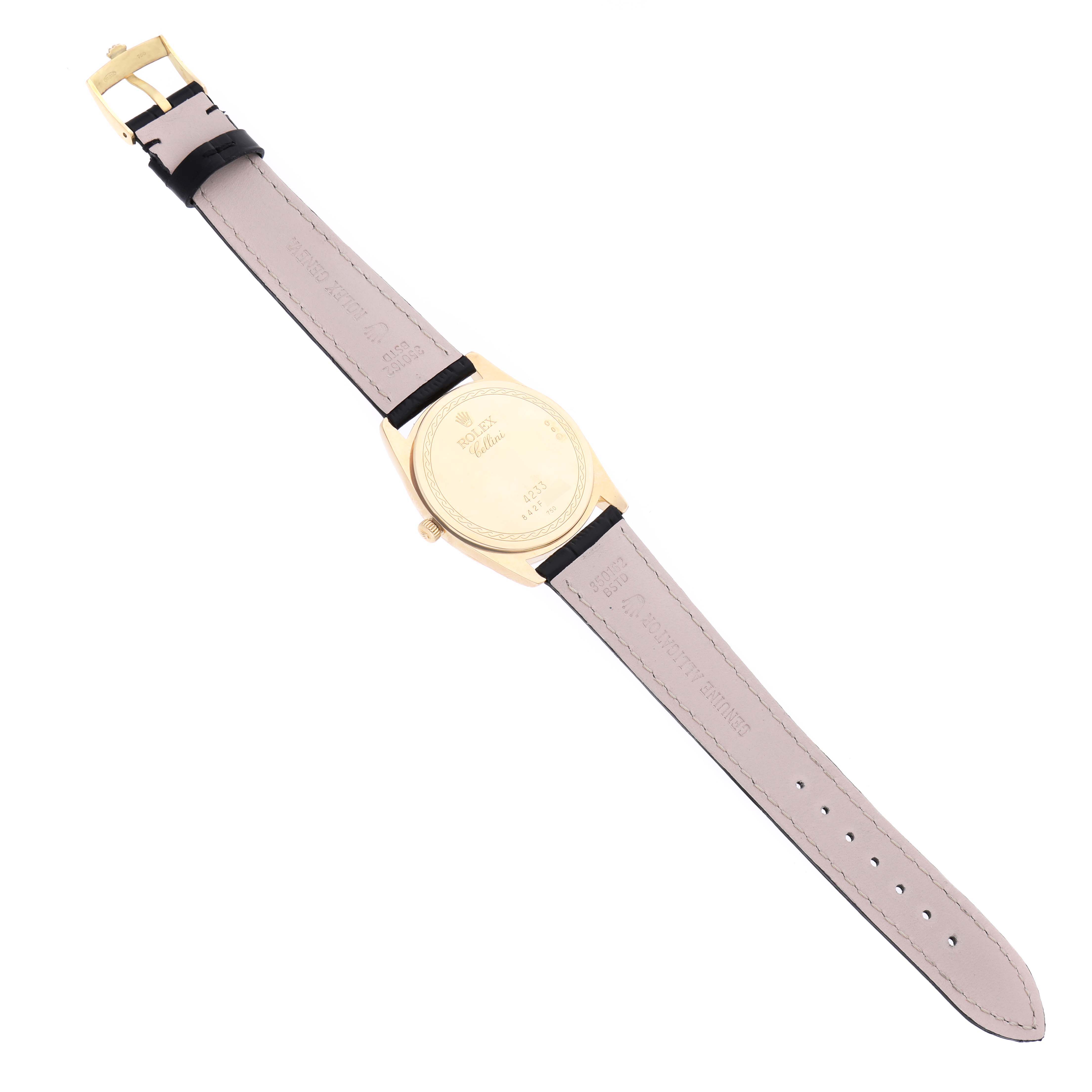 The image shows the back view of a Rolex Cellini 4233 Men's Yellow Gold White Dial 4233 Men's Yellow Gold White Dial watch, displaying its case back, leather strap, and buckle.