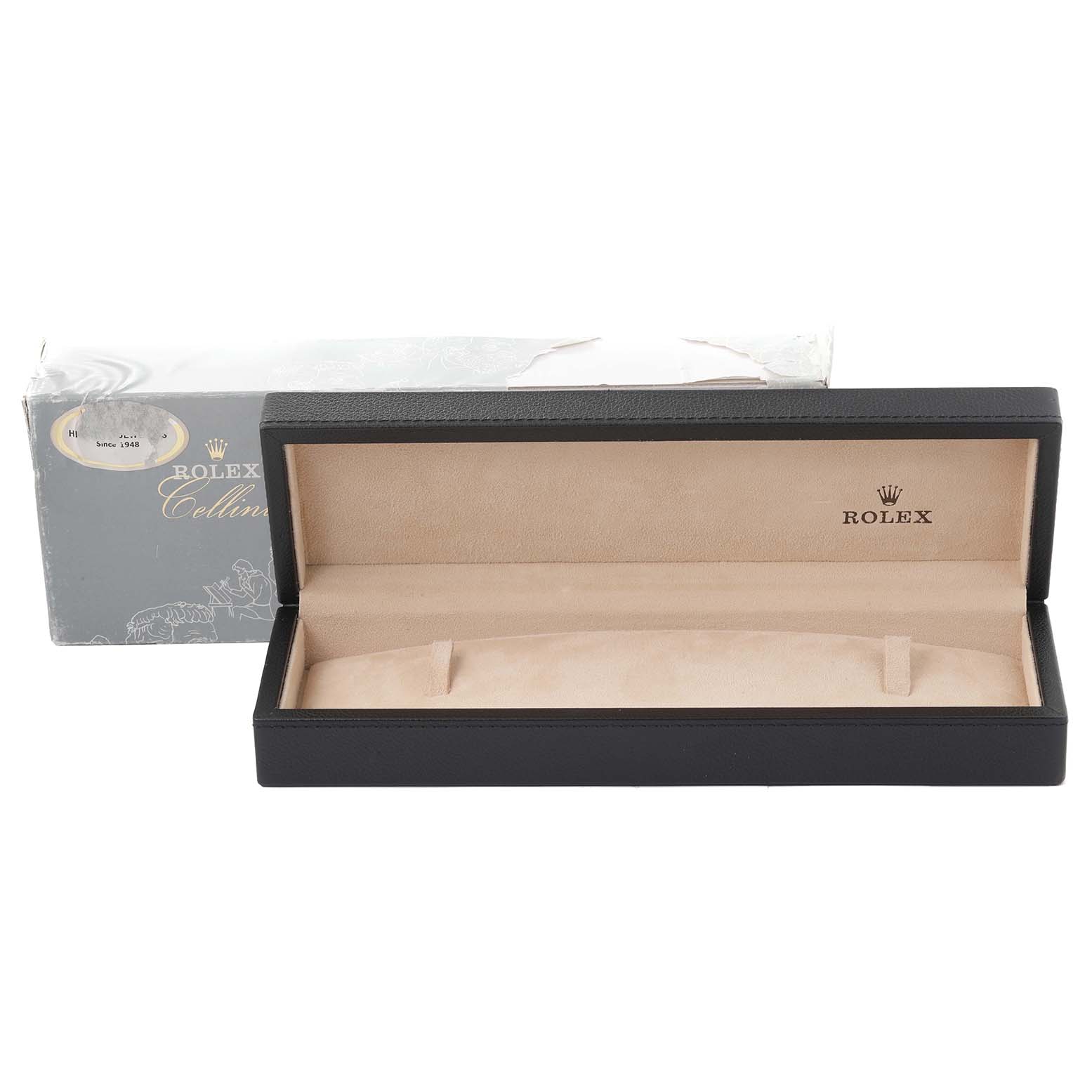 The image shows an empty Rolex Cellini 4233 Men's Yellow Gold White Dial 4233 Men's Yellow Gold White Dial watch box with its lid open, revealing the interior padding.