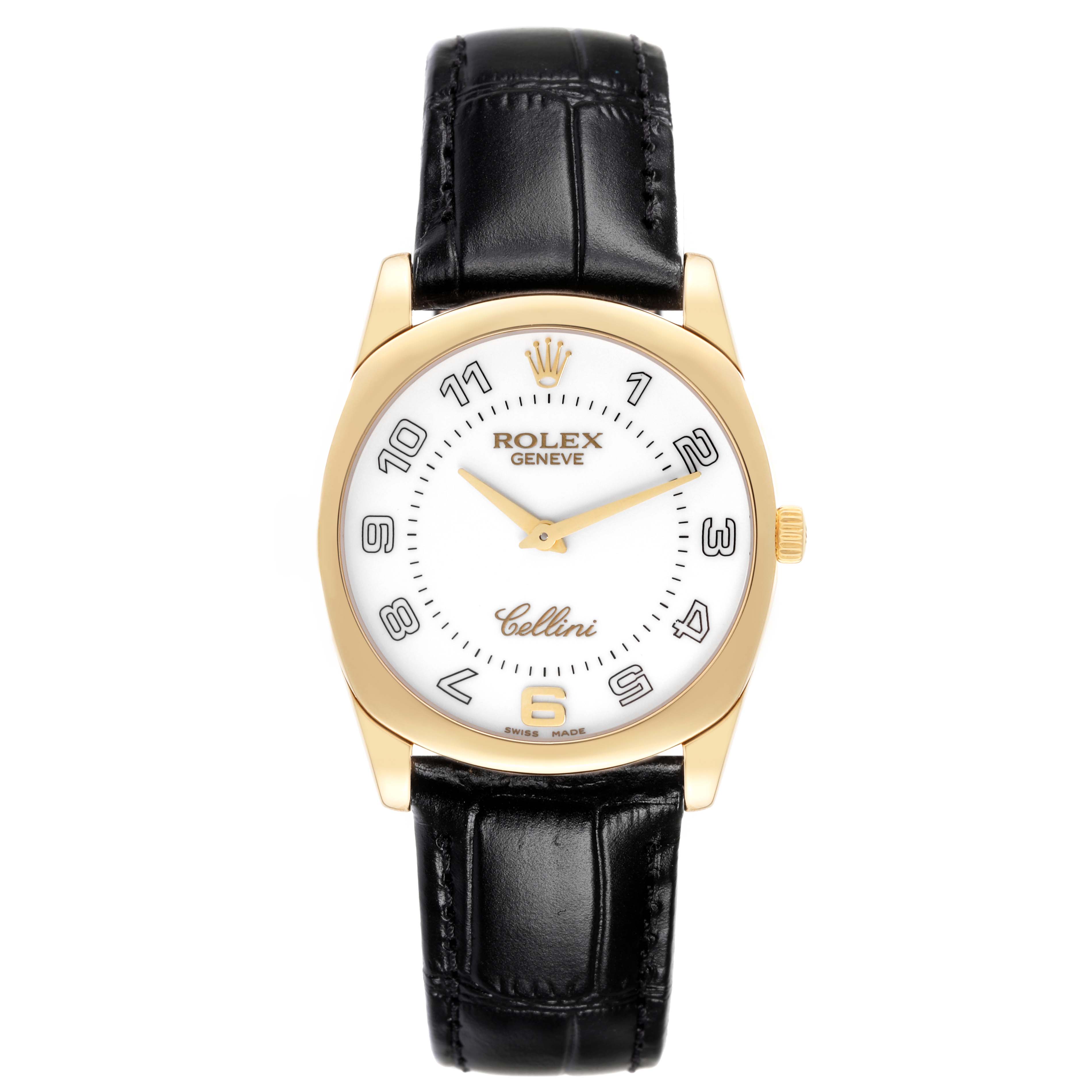 The Rolex Cellini 4233 Men's Yellow Gold White Dial 4233 Men's Yellow Gold White Dial watch is shown from a top-down angle, displaying the face, case, and black leather strap.