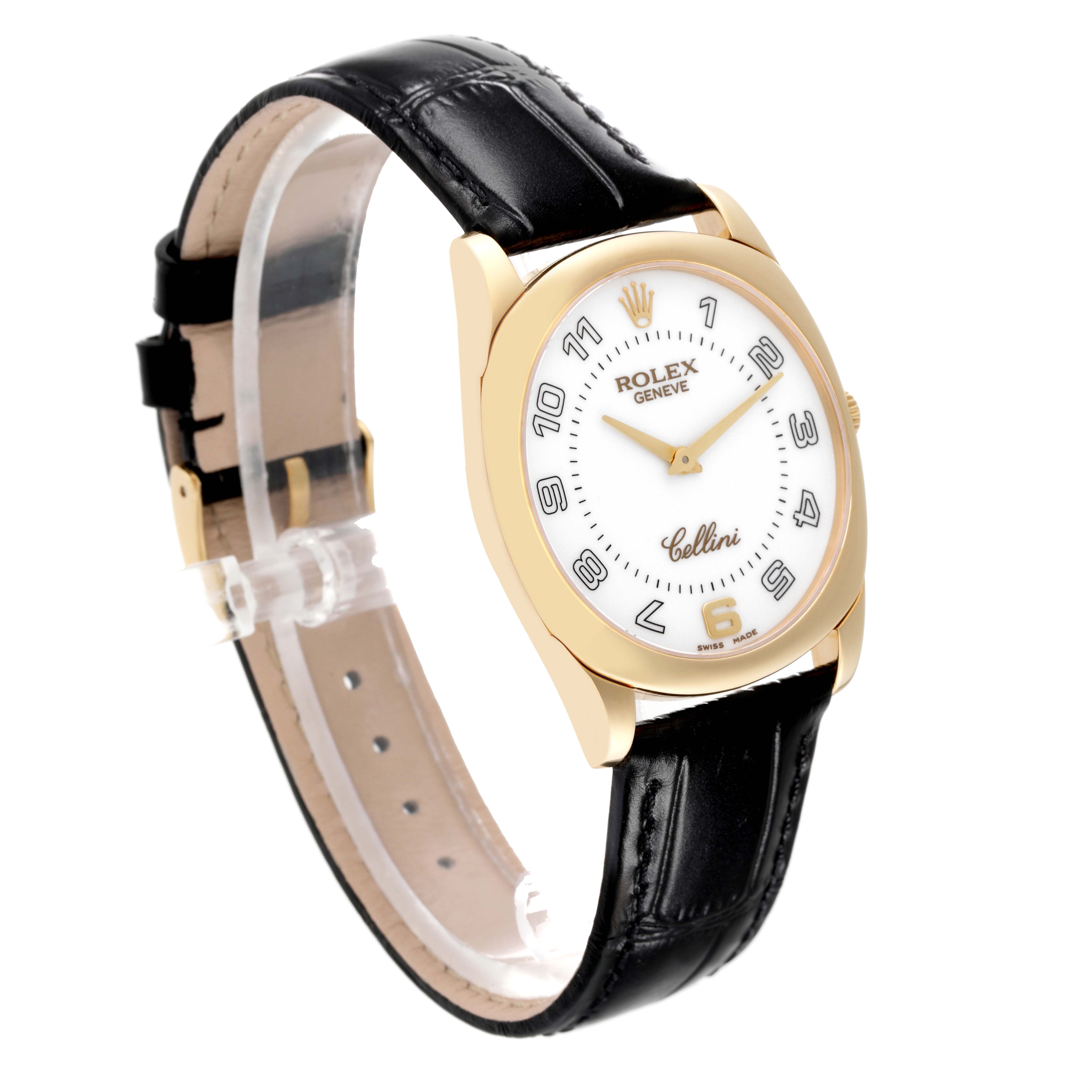 The Rolex Cellini 4233 Men's Yellow Gold White Dial 4233 Men's Yellow Gold White Dial watch is shown at a slight angle, highlighting its gold case, white dial, and black leather strap.