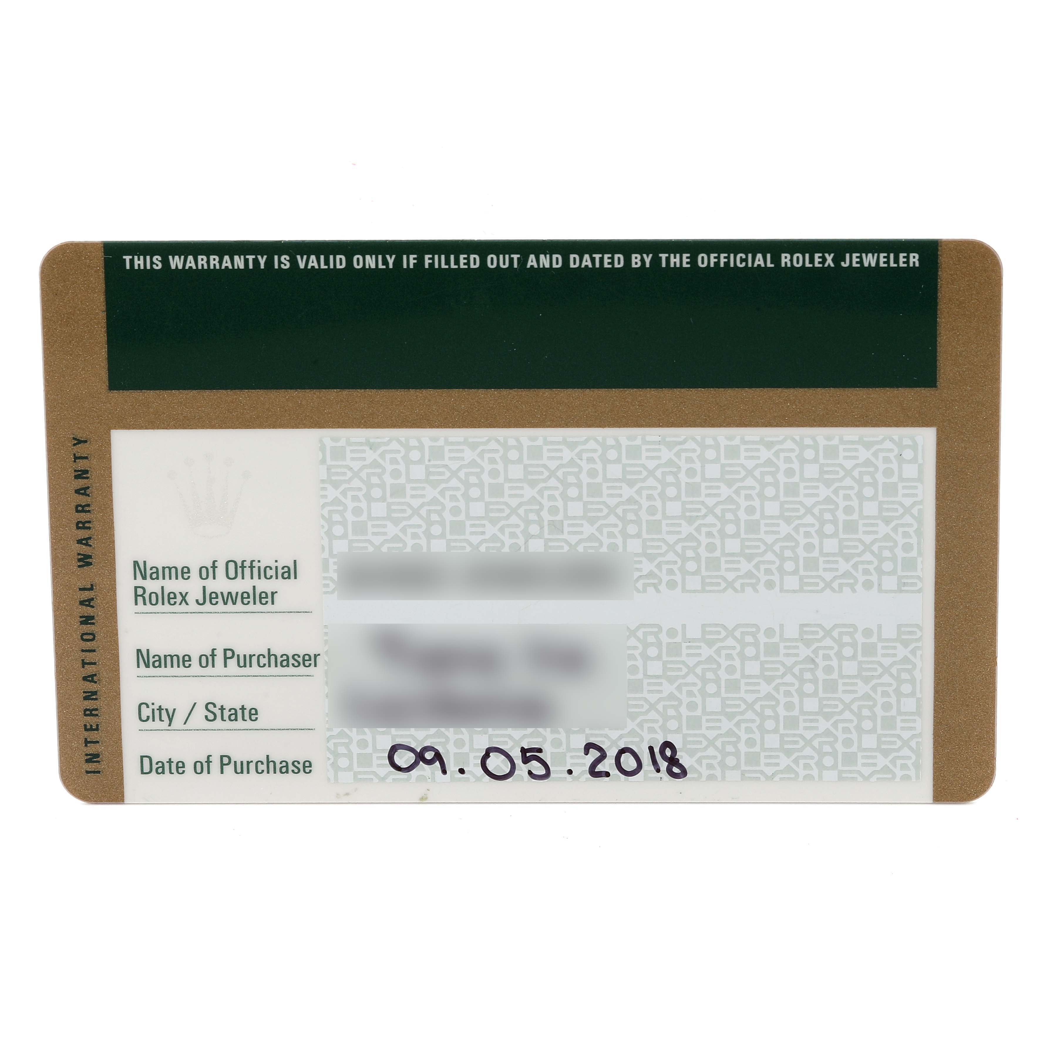 The image shows an international warranty card for a Rolex Cellini 6221/8 Women's Yellow Gold Mother of Pearl Dial 6221/8 Women's Yellow Gold Mother of Pearl Dial watch.