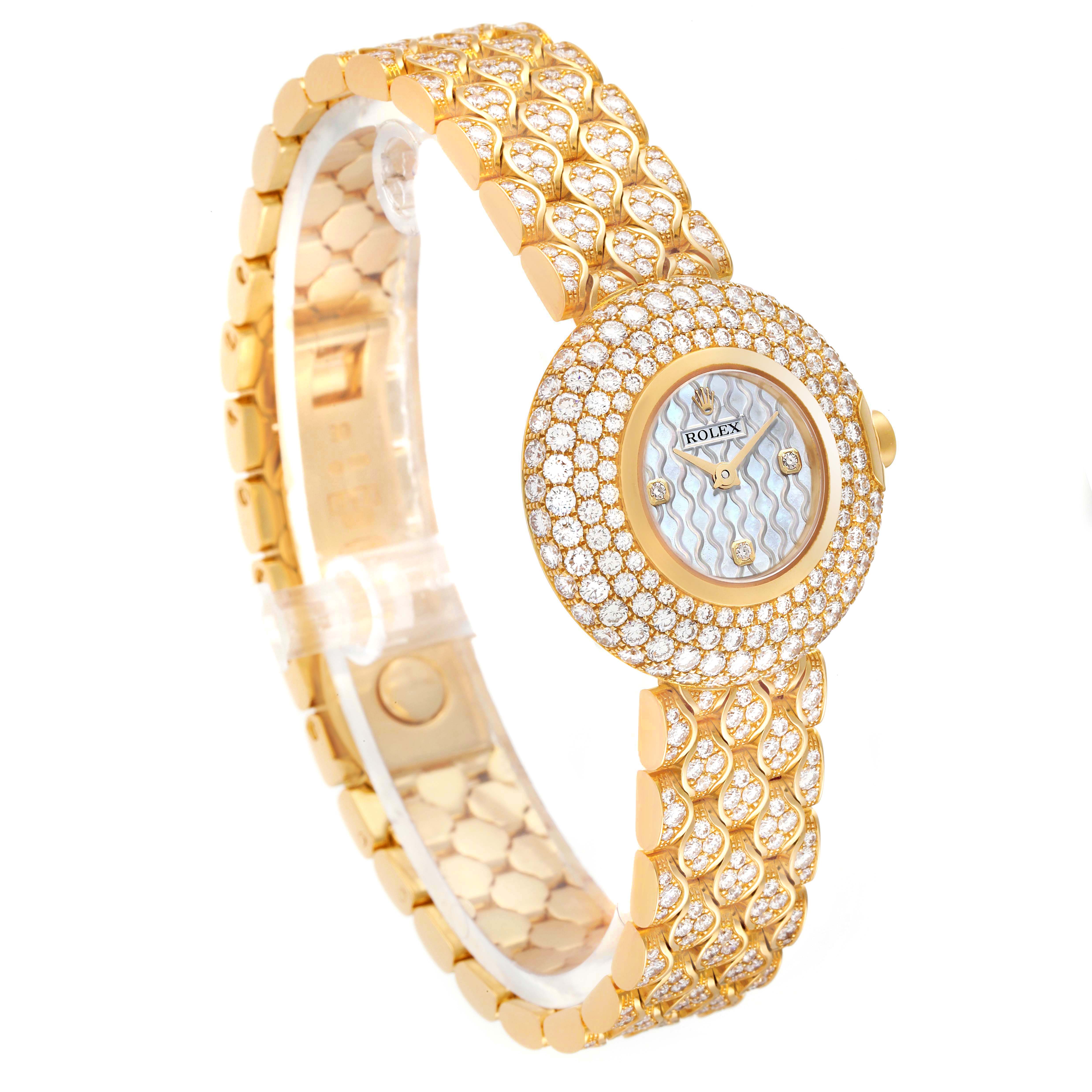 The image shows a gold Rolex Cellini 6221/8 Women's Yellow Gold Mother of Pearl Dial 6221/8 Women's Yellow Gold Mother of Pearl Dial watch at a three-quarter angle, highlighting its diamond-encrusted bezel and bracelet.