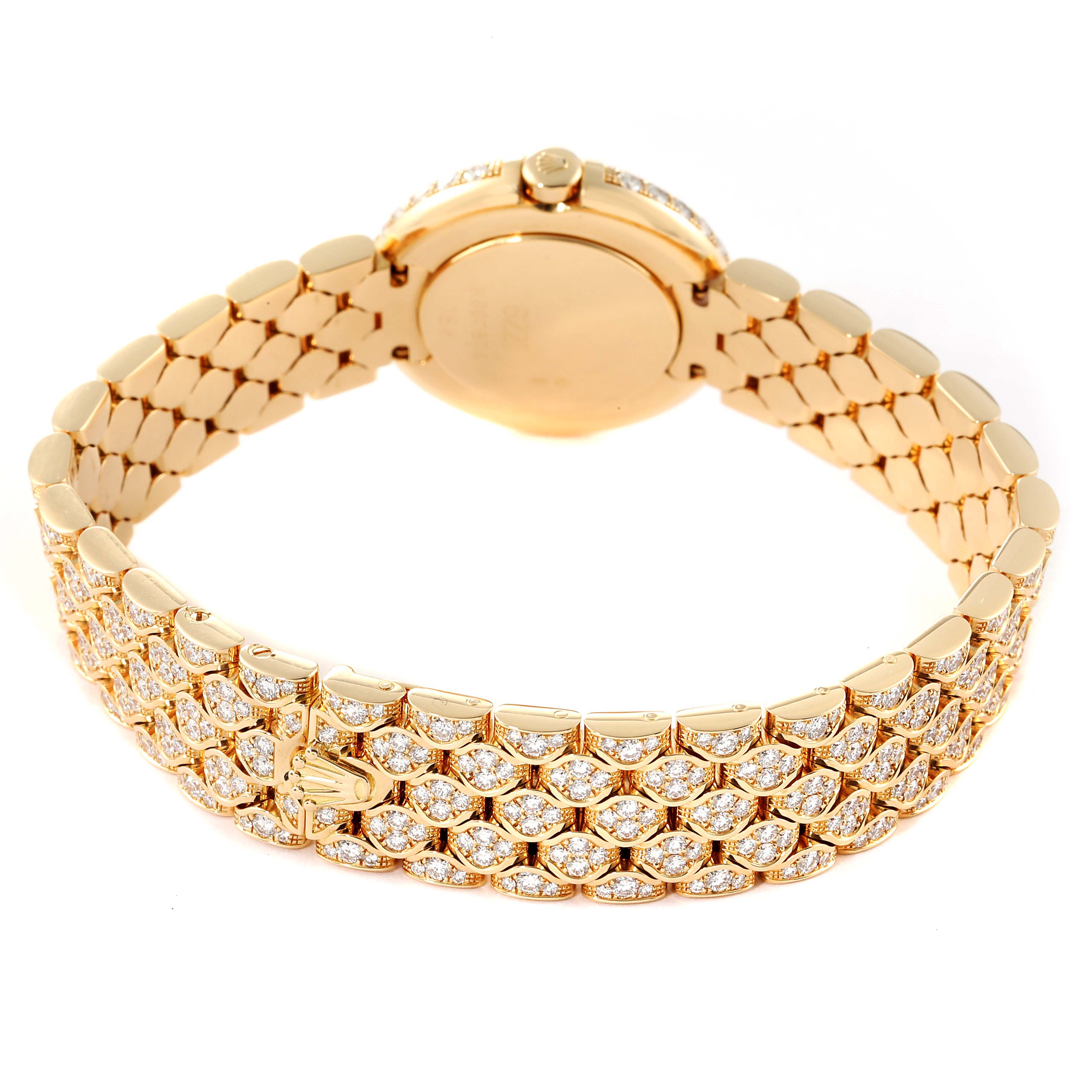 This image shows the back and bracelet of a Rolex Cellini 6221/8 Women's Yellow Gold Mother of Pearl Dial 6221/8 Women's Yellow Gold Mother of Pearl Dial watch adorned with diamonds, viewed from a rear angle.