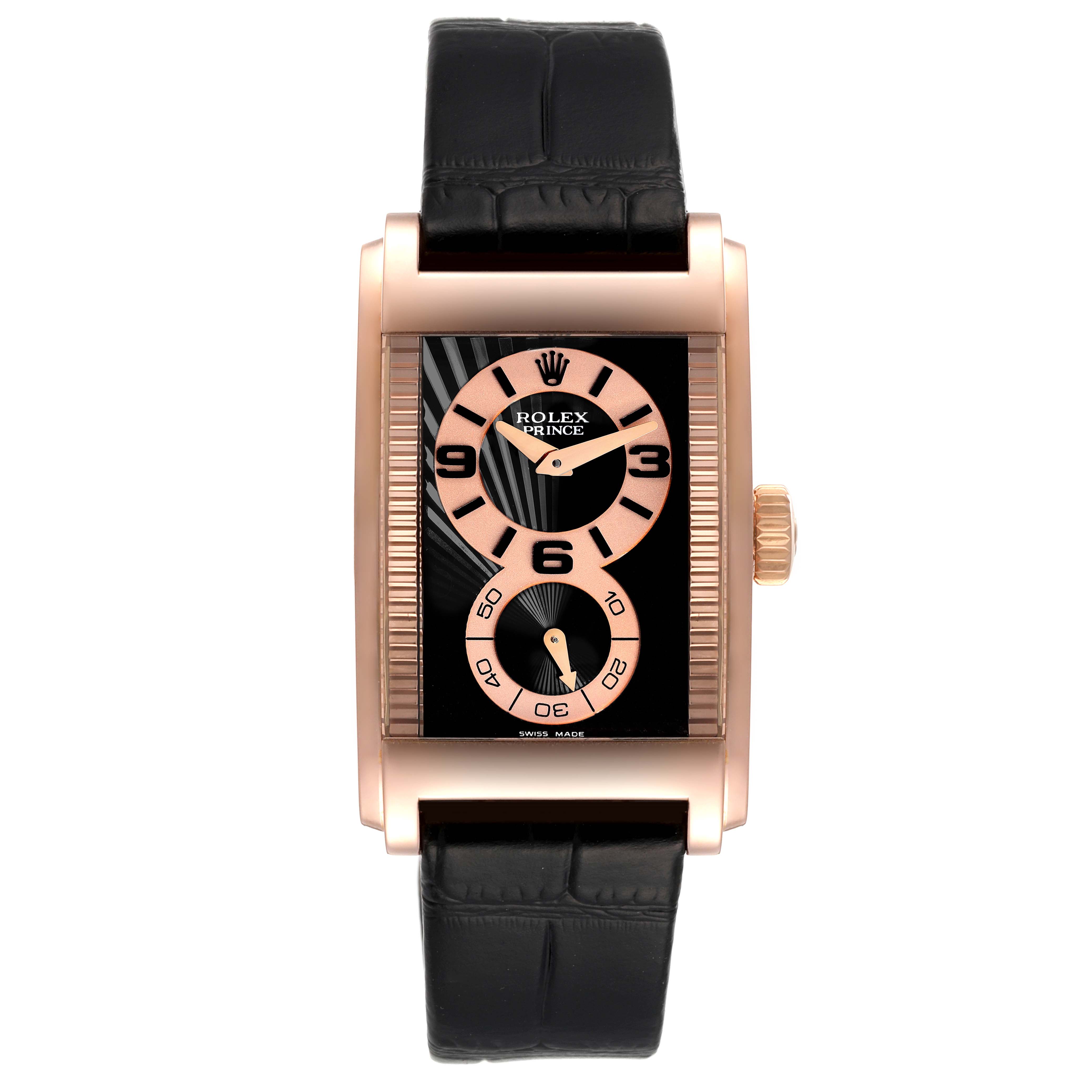 The image shows a frontal view of a Rolex Cellini 5442 Men's Rose Gold Black Dial 5442 Men's Rose Gold Black Dial Prince watch with a rose gold case and black leather strap.