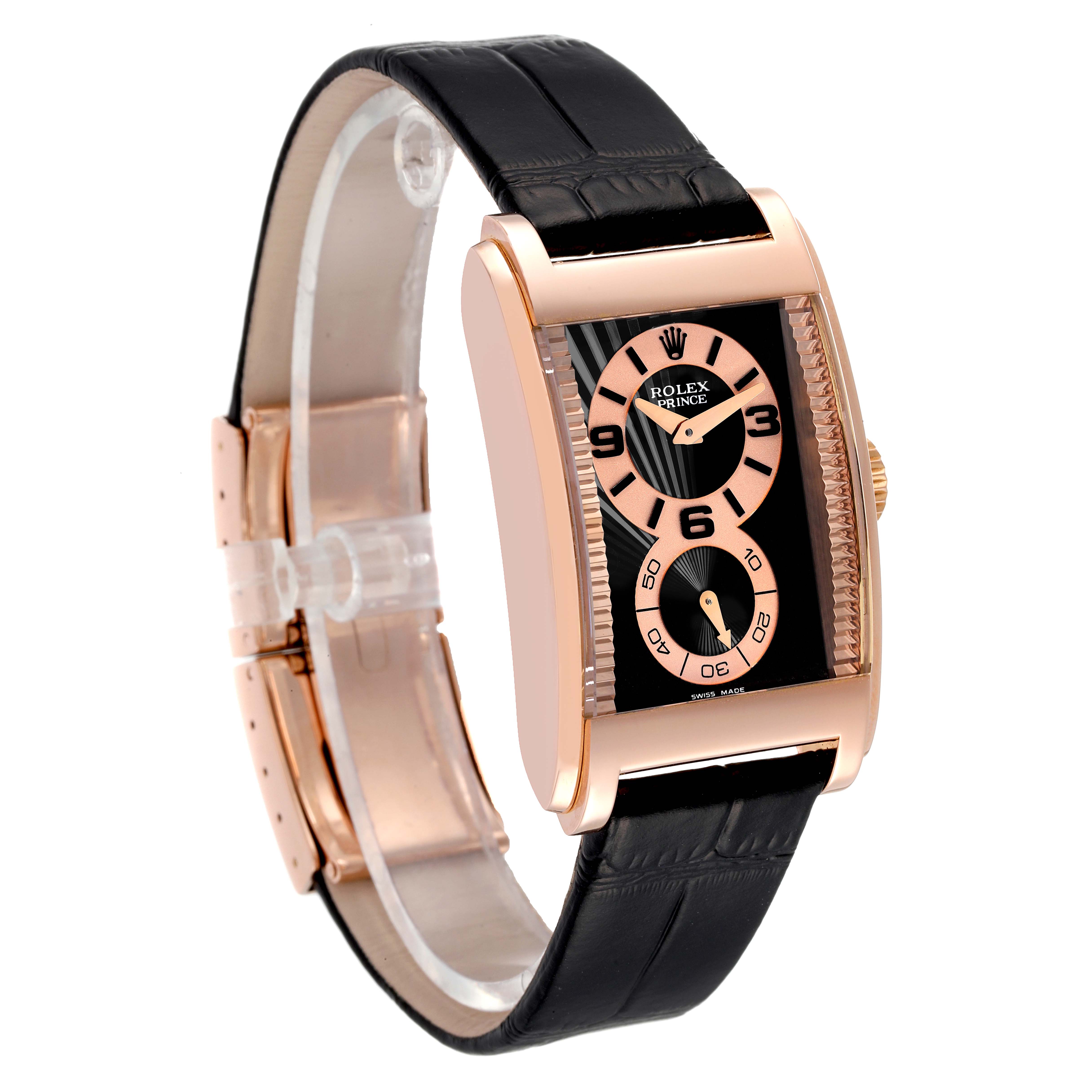The image shows a Rolex Cellini 5442 Men's Rose Gold Black Dial 5442 Men's Rose Gold Black Dial watch from a front angle, showcasing the rectangular case, black leather strap, and dial details.