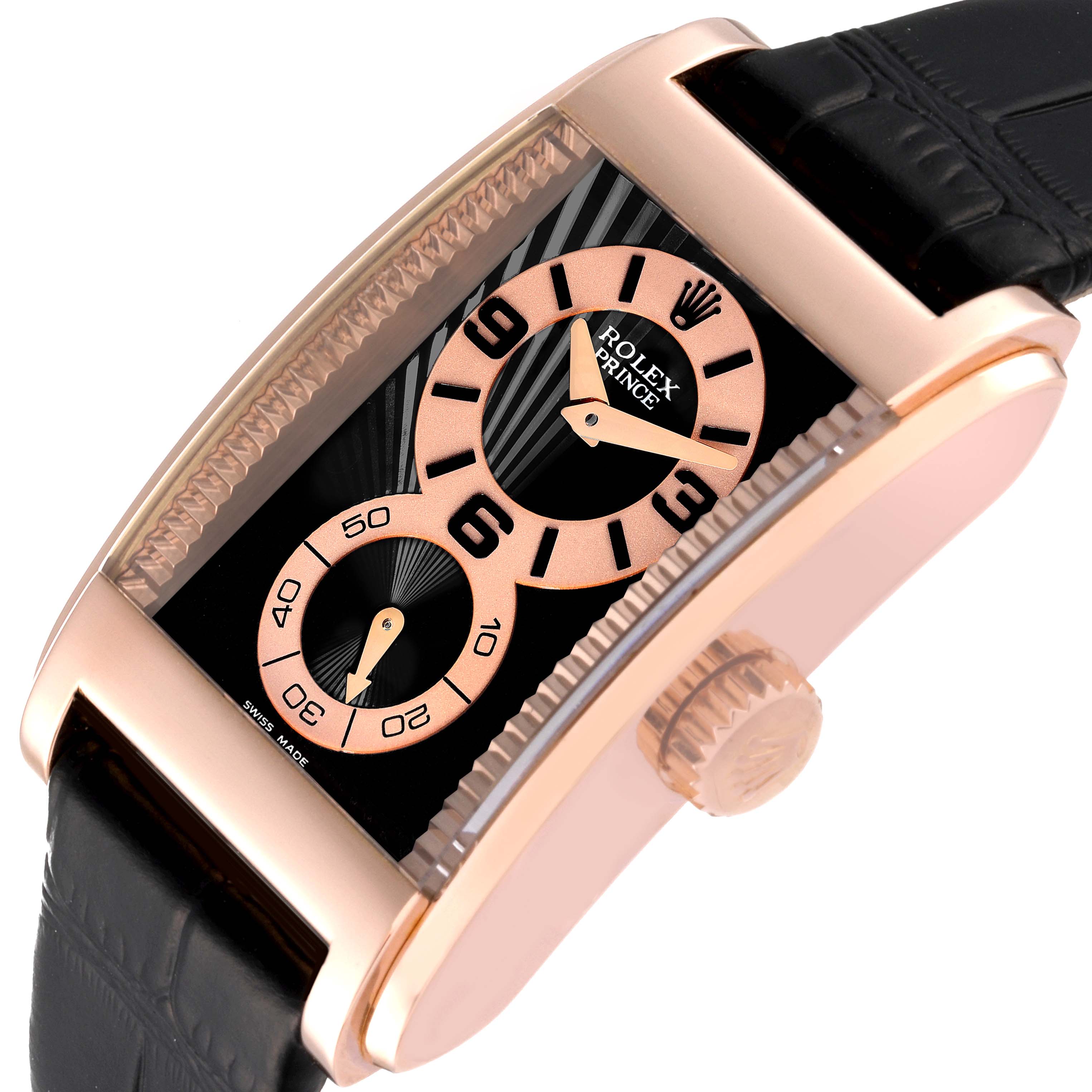 The image shows a close-up side angle of a Rolex Cellini 5442 Men's Rose Gold Black Dial 5442 Men's Rose Gold Black Dial Prince watch, highlighting its dial, crown, and leather strap.