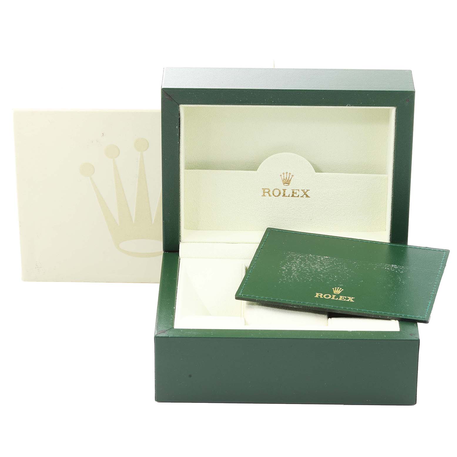 This image shows the open packaging and documents for a Rolex Cellini 5442 Men's Rose Gold Black Dial 5442 Men's Rose Gold Black Dial watch.