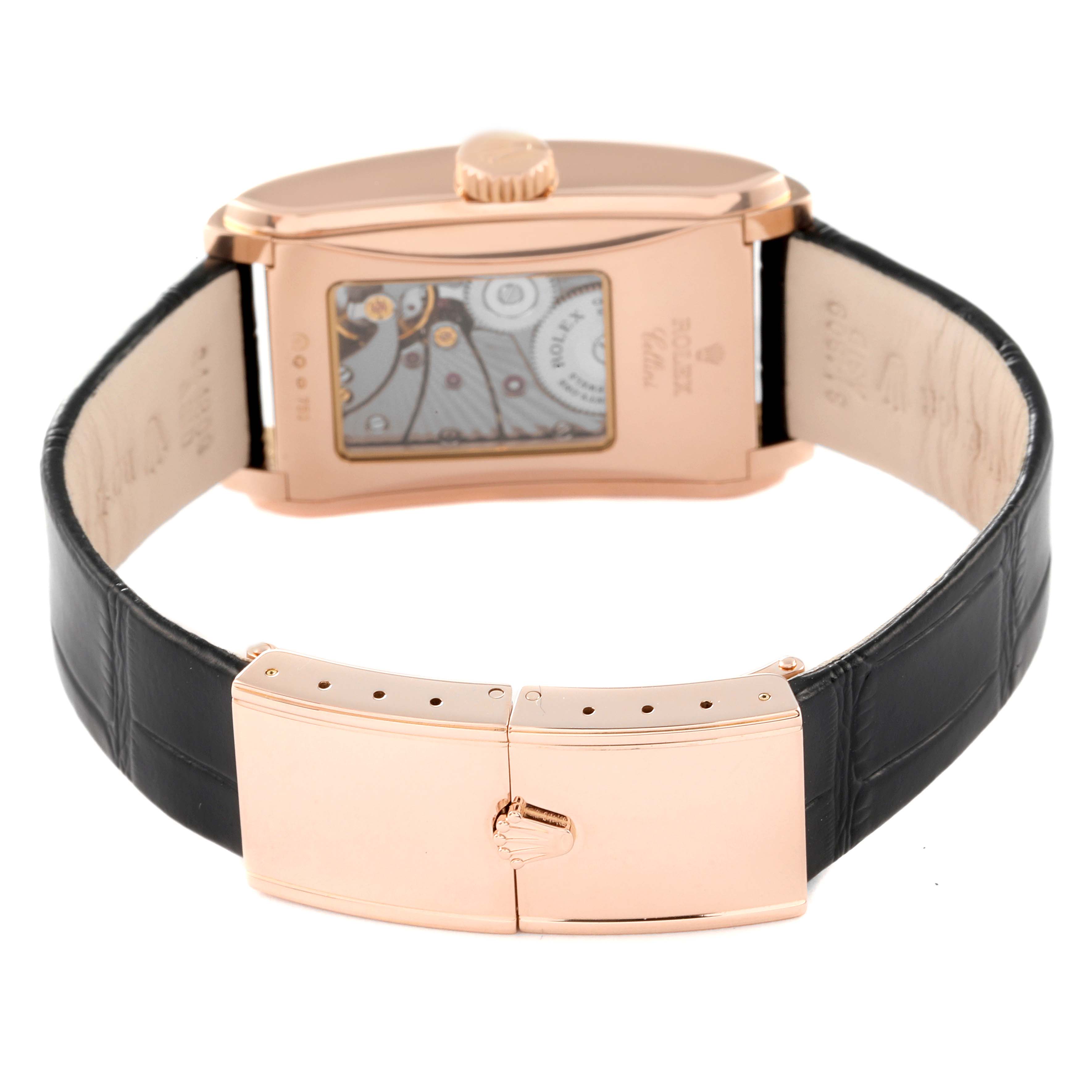The image shows the back of a Rolex Cellini 5442 Men's Rose Gold Black Dial 5442 Men's Rose Gold Black Dial watch, emphasizing the clasp, strap, and transparent case back.