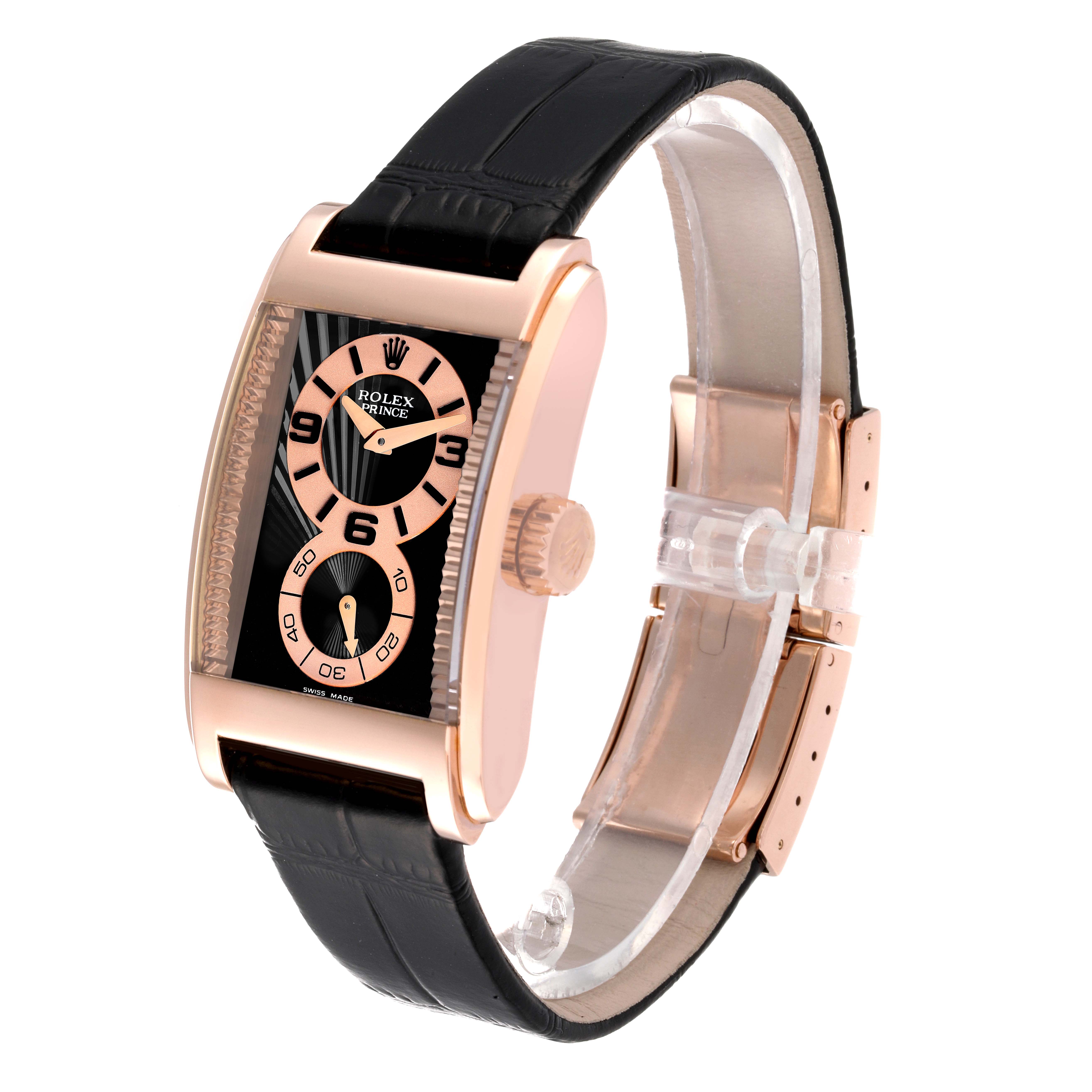 This Rolex Cellini 5442 Men's Rose Gold Black Dial 5442 Men's Rose Gold Black Dial watch is shown from a three-quarter angle, highlighting its face, strap, and side crown.