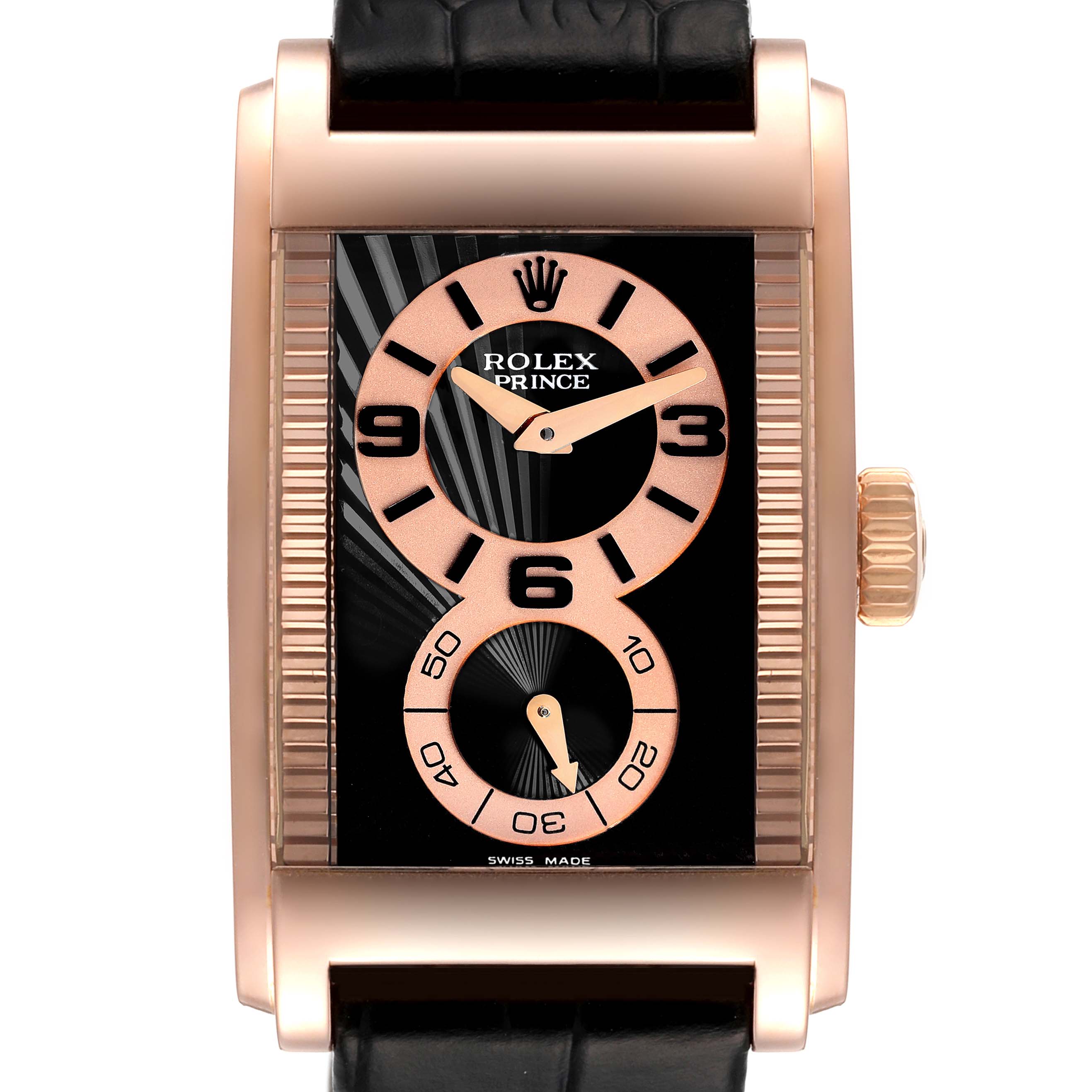 This image shows a front view of the Rolex Cellini 5442 Men's Rose Gold Black Dial 5442 Men's Rose Gold Black Dial Prince watch, highlighting its rectangular face, dial details, and crown.