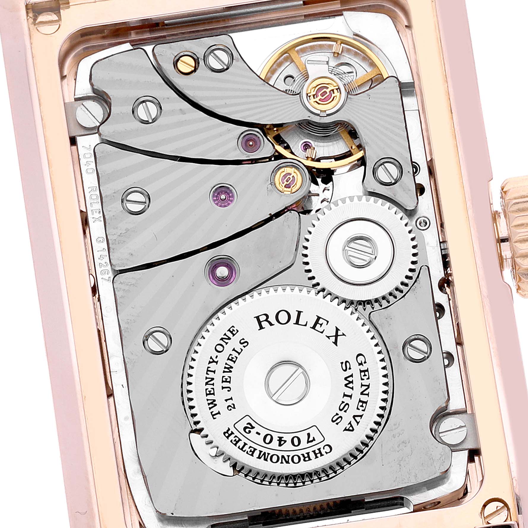 This image shows a close-up view of the movement mechanism for a Rolex Cellini 5442 Men's Rose Gold Black Dial 5442 Men's Rose Gold Black Dial watch.