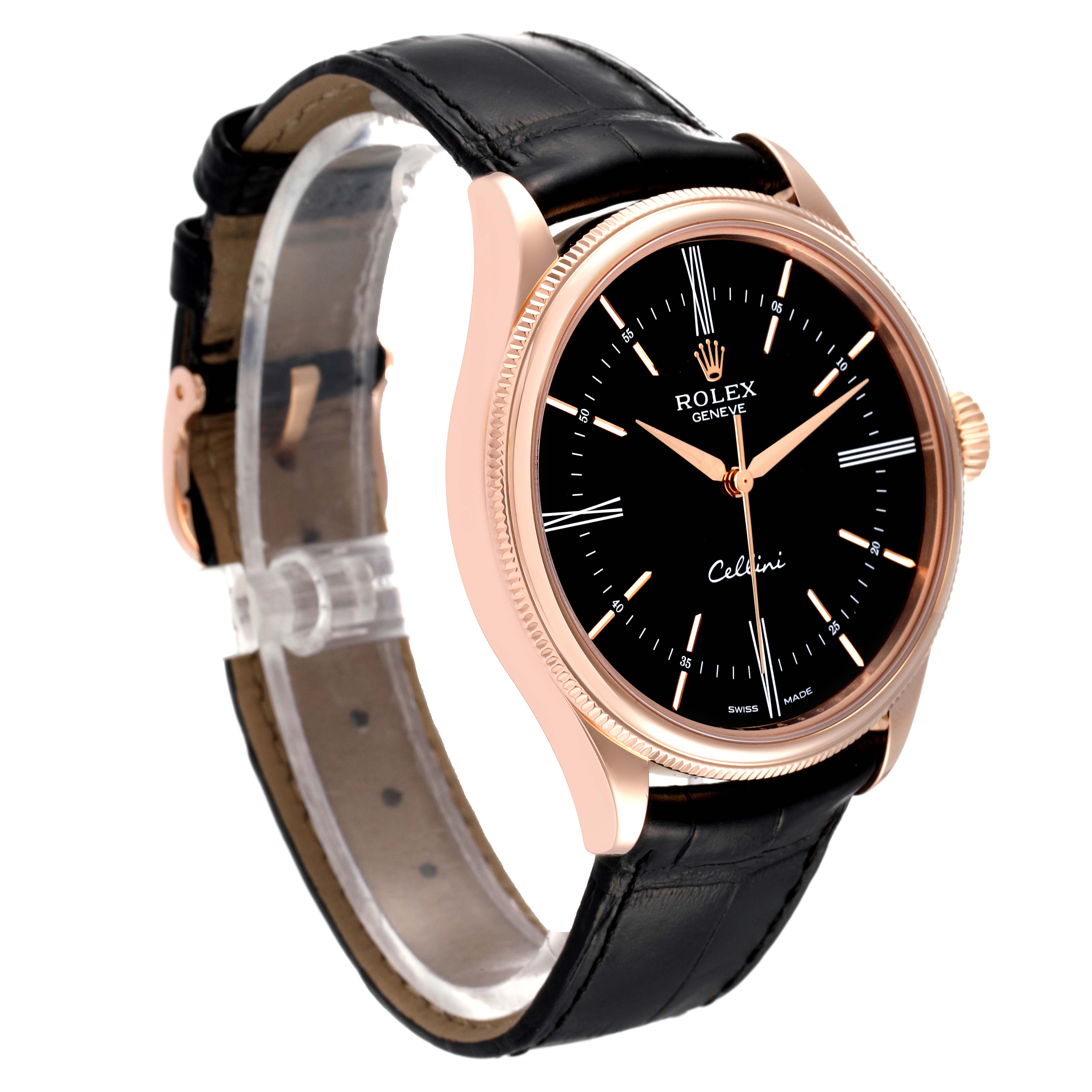 The Rolex Cellini 50505 Men's Rose Gold Black Dial 50505 Men's Rose Gold Black Dial watch is shown from a three-quarter angle, highlighting the black dial, rose gold case, crown, and black leather strap.