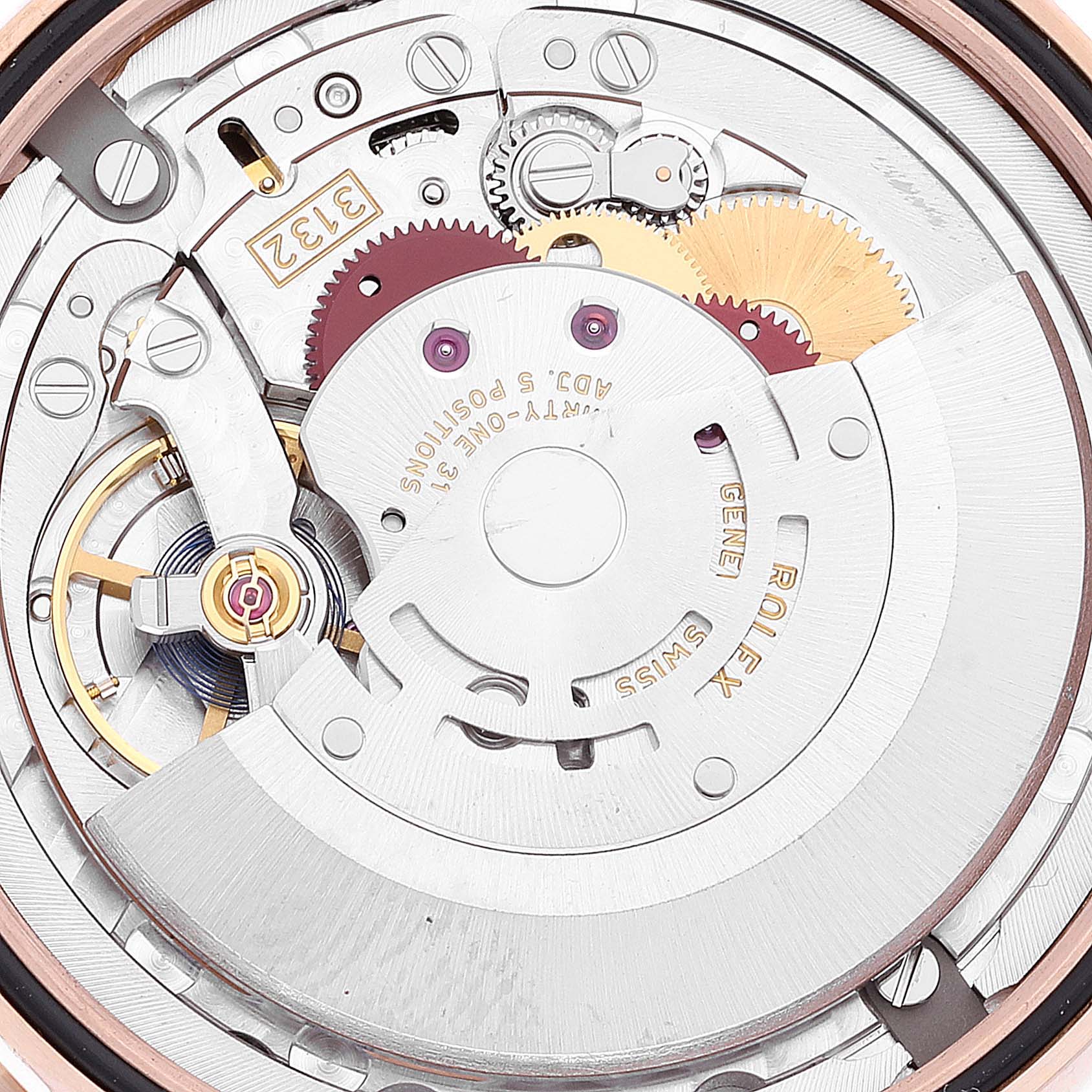 The image shows the intricate internal mechanism of a Rolex Cellini 50505 Men's Rose Gold Black Dial 50505 Men's Rose Gold Black Dial model watch viewed from the back.