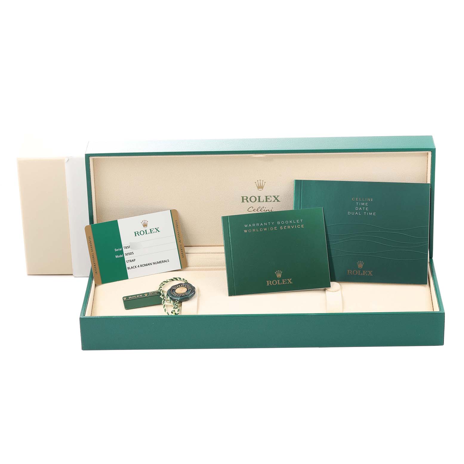 The image shows a Rolex Cellini 50505 Men's Rose Gold Black Dial 50505 Men's Rose Gold Black Dial box containing a warranty booklet, user manuals, a tag, and documentation.