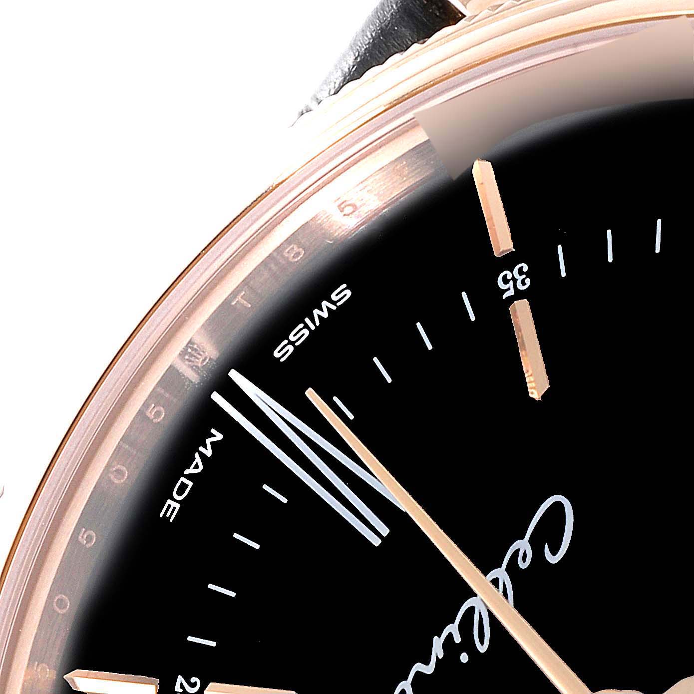 This image shows a close-up of the dial, including markers and part of the bezel, of a Rolex Cellini 50505 Men's Rose Gold Black Dial 50505 Men's Rose Gold Black Dial watch.