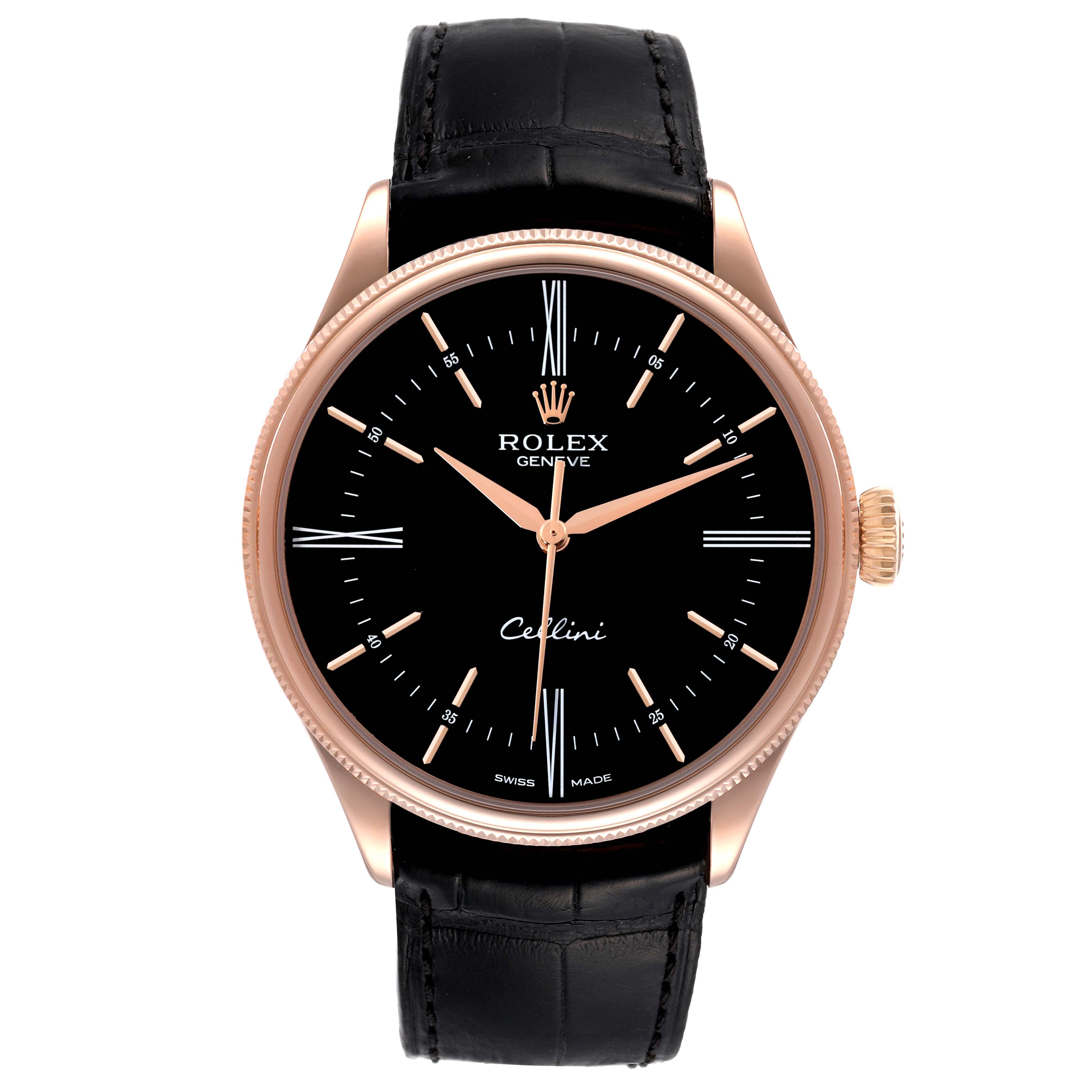 This image shows a front view of the Rolex Cellini 50505 Men's Rose Gold Black Dial 50505 Men's Rose Gold Black Dial watch, showcasing its black dial, gold hands, and black leather strap.