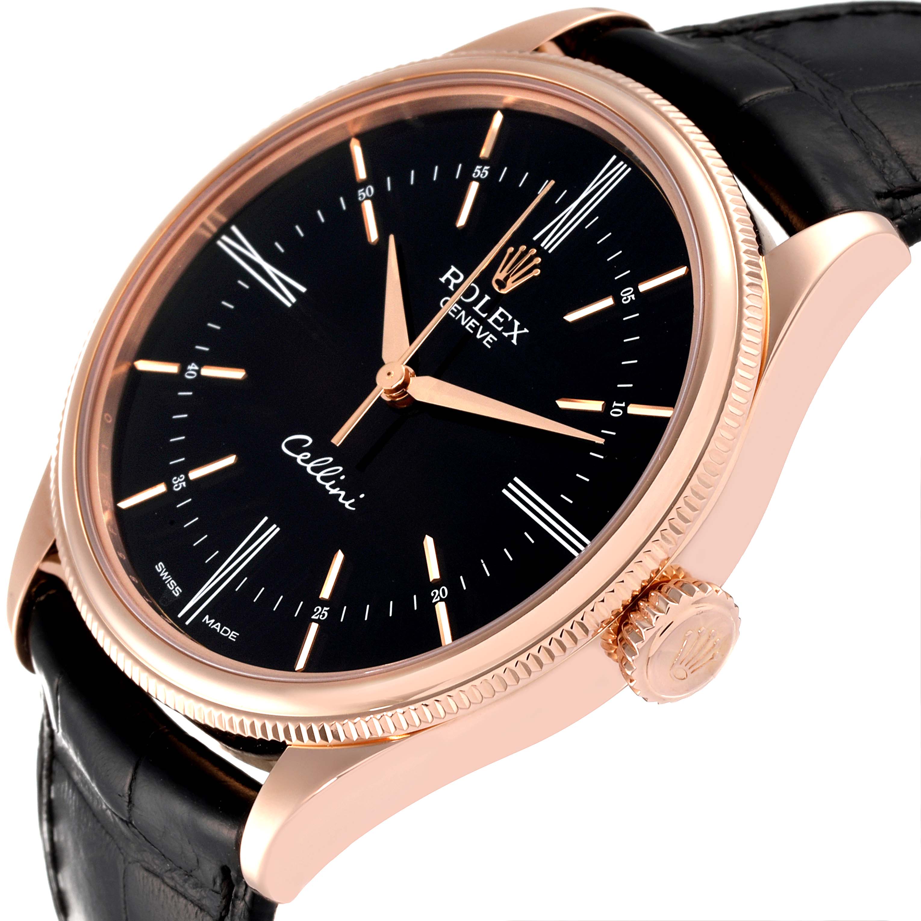 The Rolex Cellini 50505 Men's Rose Gold Black Dial 50505 Men's Rose Gold Black Dial watch is shown at an angled view, highlighting its black dial, rose gold case, crown, and black leather strap.