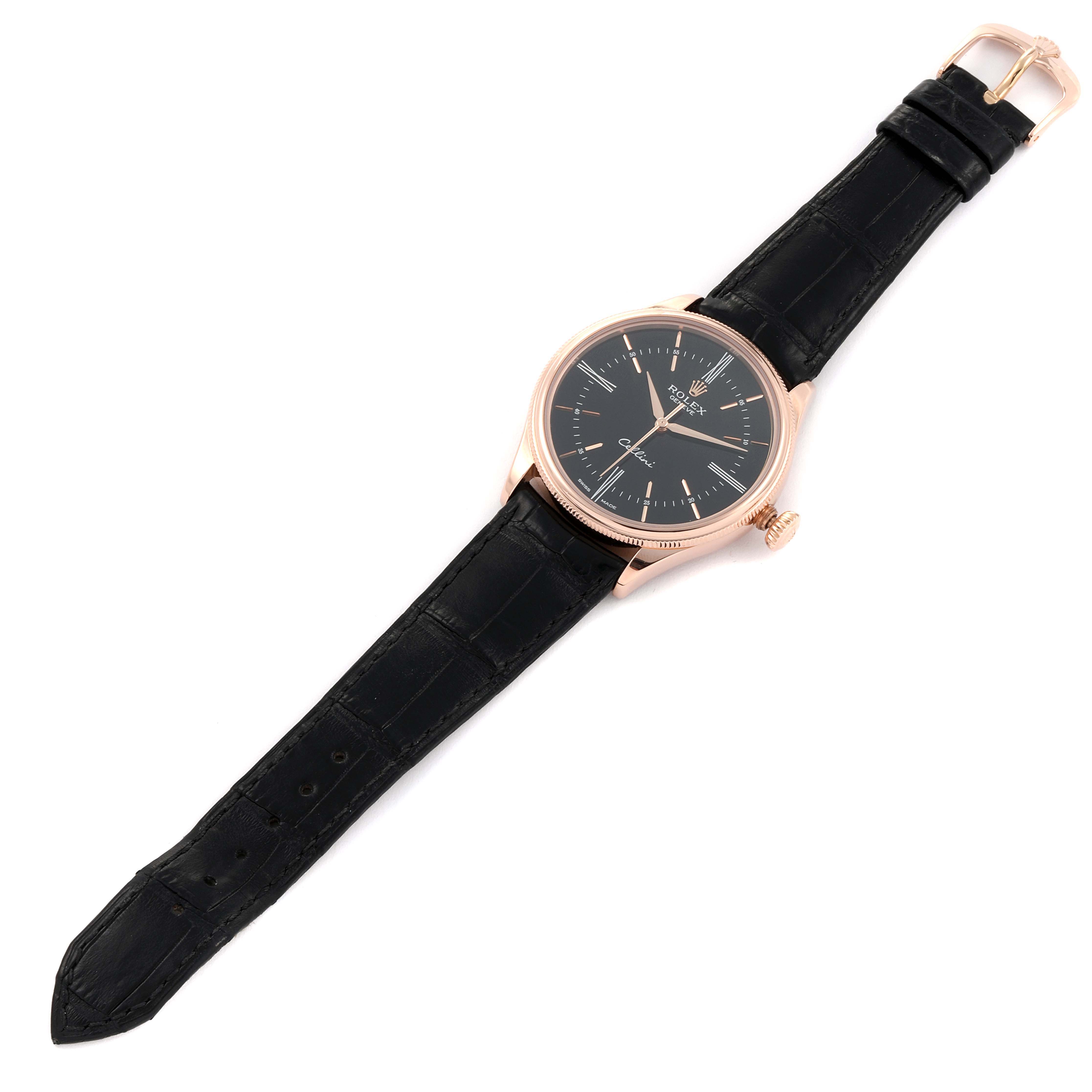 The Rolex Cellini 50505 Men's Rose Gold Black Dial 50505 Men's Rose Gold Black Dial watch is shown from a top-down angle, displaying the face, case, crown, and black leather strap with a buckle.
