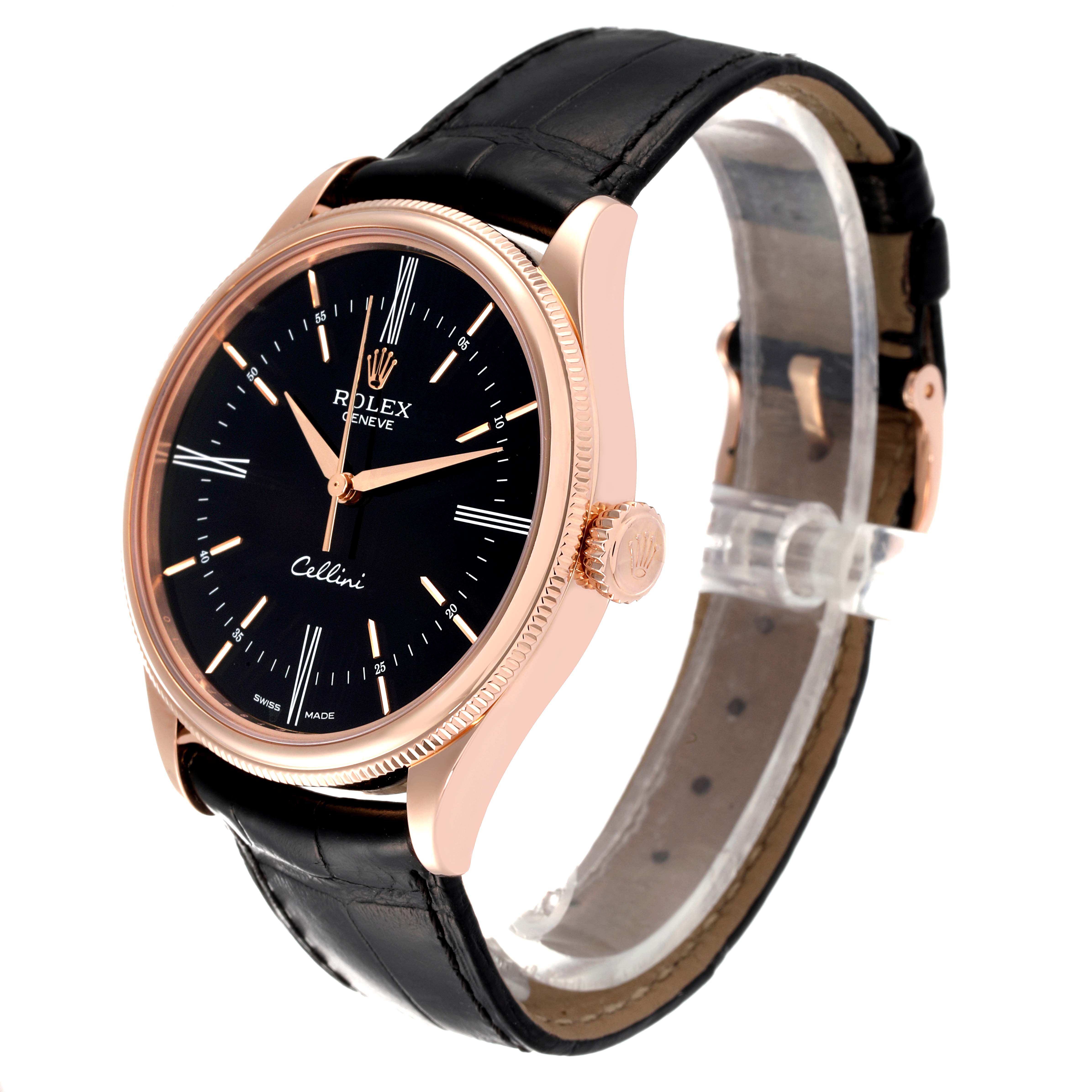 This image shows a side angle of the Rolex Cellini 50505 Men's Rose Gold Black Dial 50505 Men's Rose Gold Black Dial watch, highlighting its black dial, rose gold case, and black leather strap.