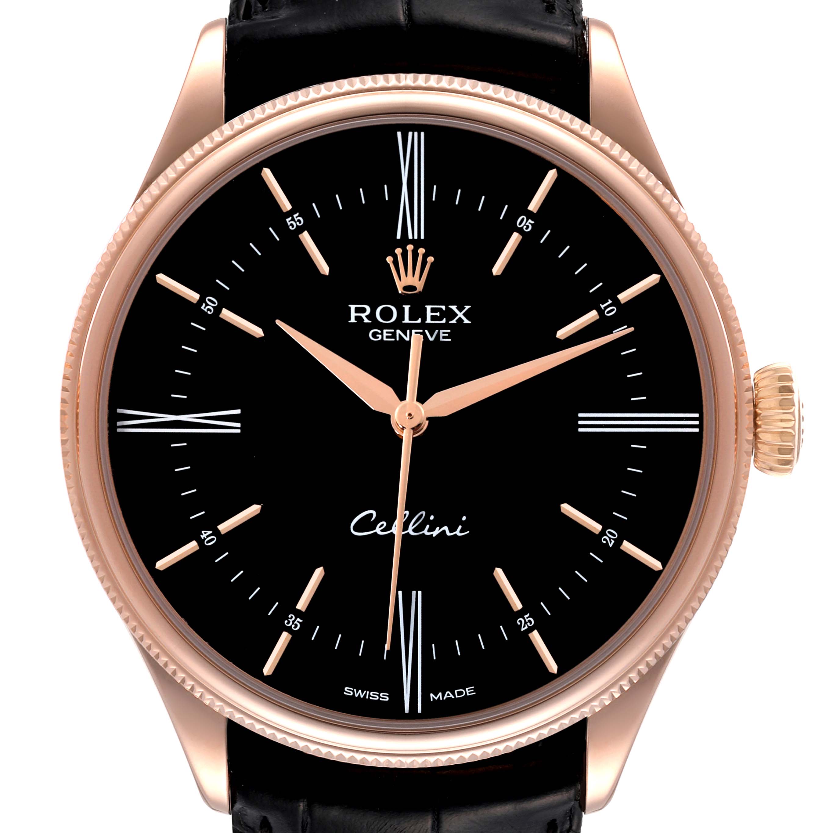 The image shows a front view of the Rolex Cellini 50505 Men's Rose Gold Black Dial 50505 Men's Rose Gold Black Dial watch, highlighting its black dial, rose gold case, and leather strap.