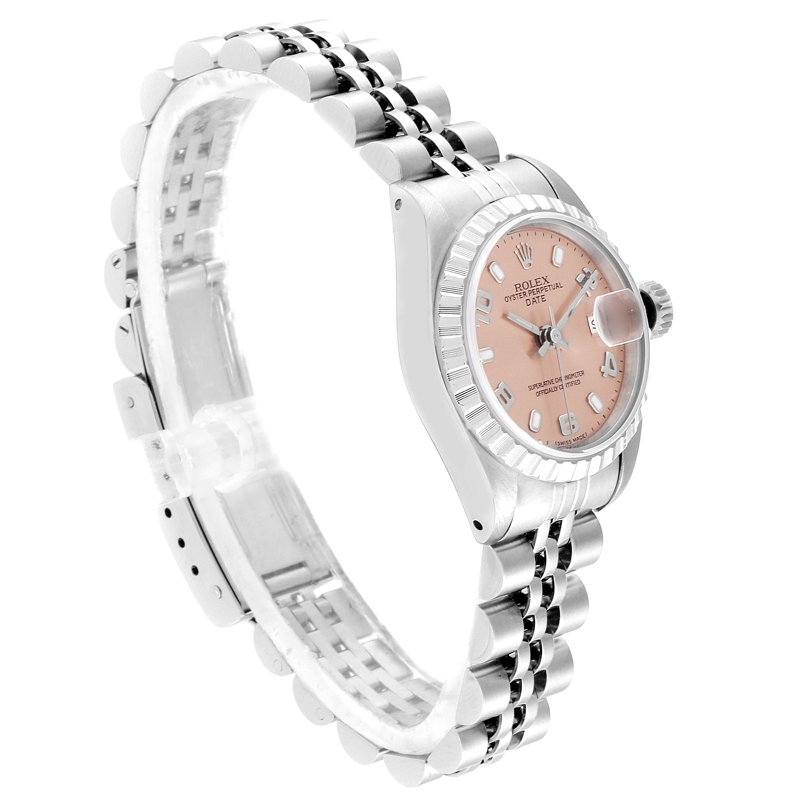 The Rolex Date 69240 Women
s Stainless Steel Pink Dial 69240 Women
s Stainless Steel Pink Dial model watch is shown at an angled side view, featuring the face, case, and bracelet.