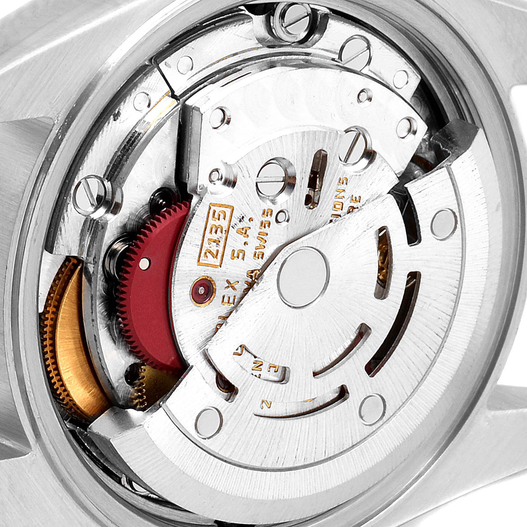 The image shows the movement of a Rolex Date 69240 Women
s Stainless Steel Pink Dial 69240 Women
s Stainless Steel Pink Dial model watch from the back, highlighting the internal mechanisms.