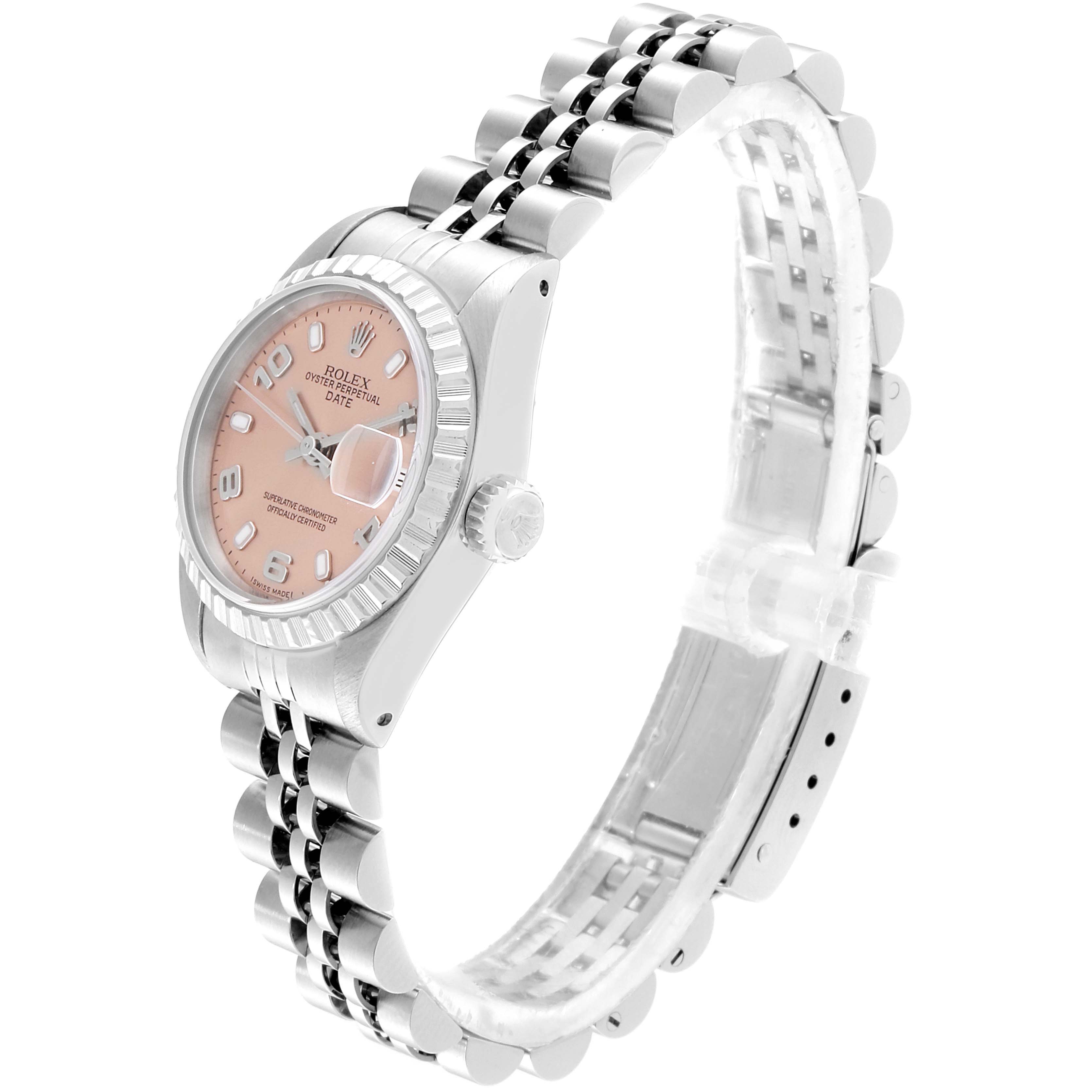 The image shows a Rolex Date 69240 Women
s Stainless Steel Pink Dial 69240 Women
s Stainless Steel Pink Dial model watch at a three-quarter angle, highlighting the dial, bezel, crown, and bracelet.