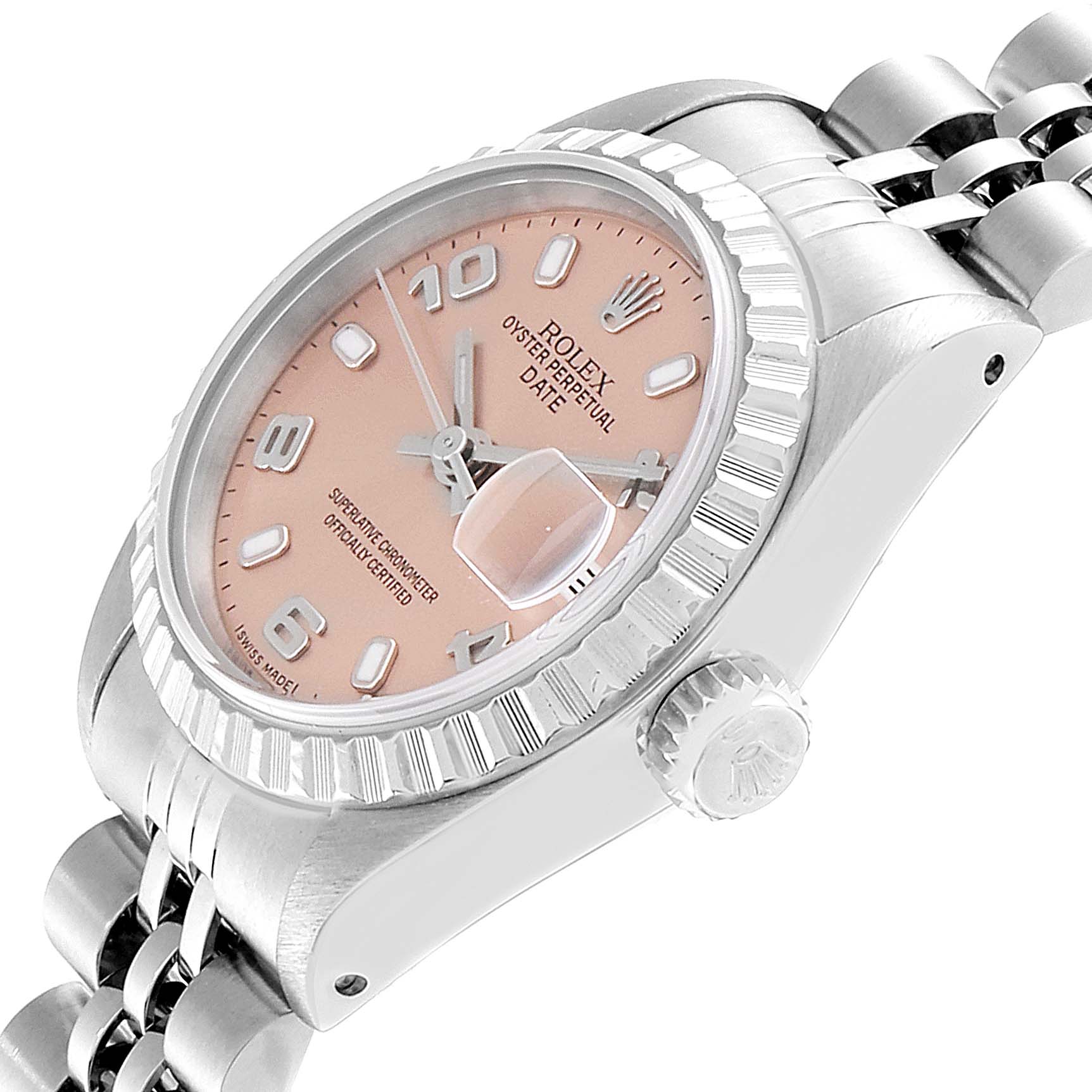 The image shows a close-up angled view of a Rolex Date 69240 Women
s Stainless Steel Pink Dial 69240 Women
s Stainless Steel Pink Dial model watch with a visible face, bezel, crown, and part of the bracelet.