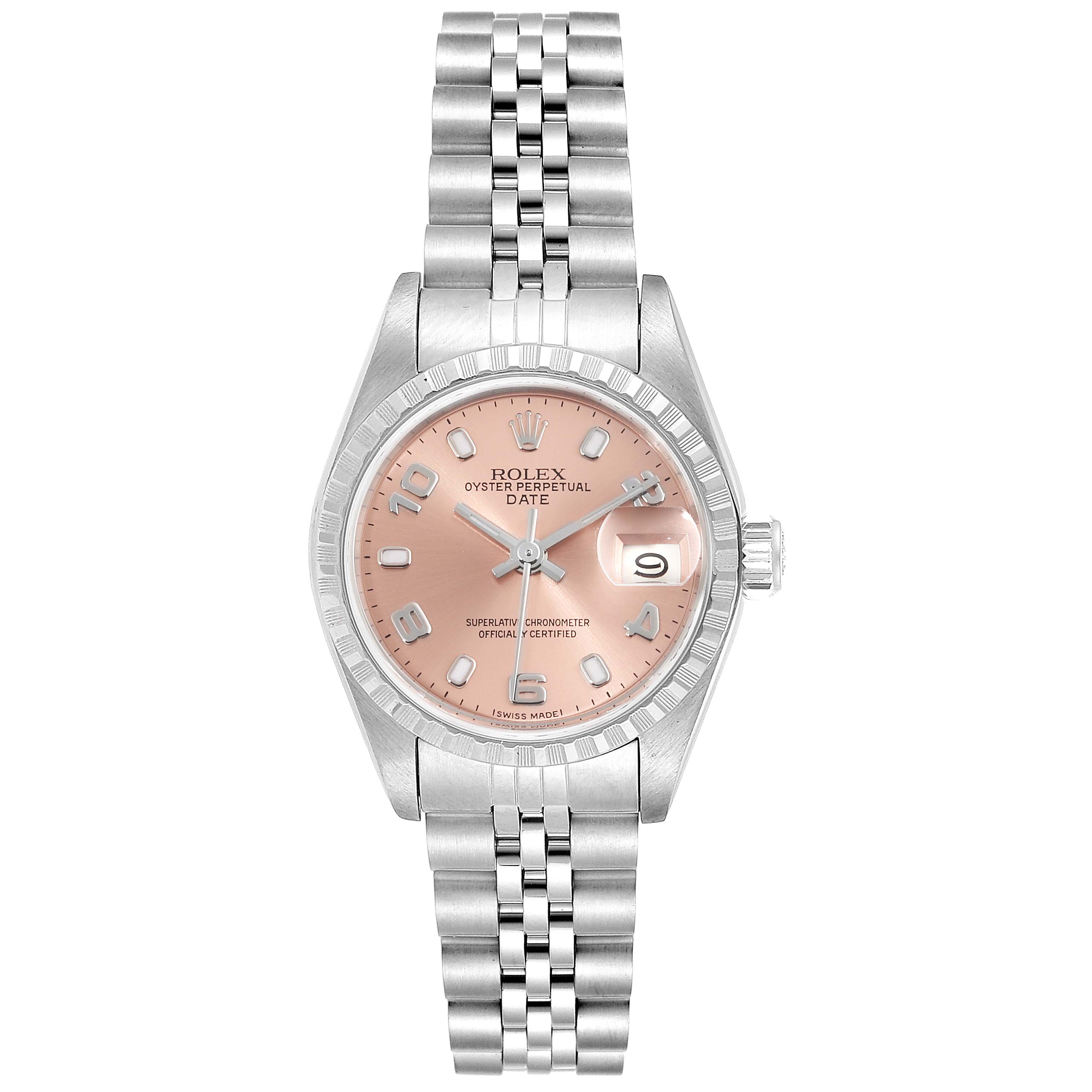 This image shows a Rolex Date 69240 Women
s Stainless Steel Pink Dial 69240 Women
s Stainless Steel Pink Dial model watch from a top-down angle, highlighting its dial, bezel, bracelet, and date display.