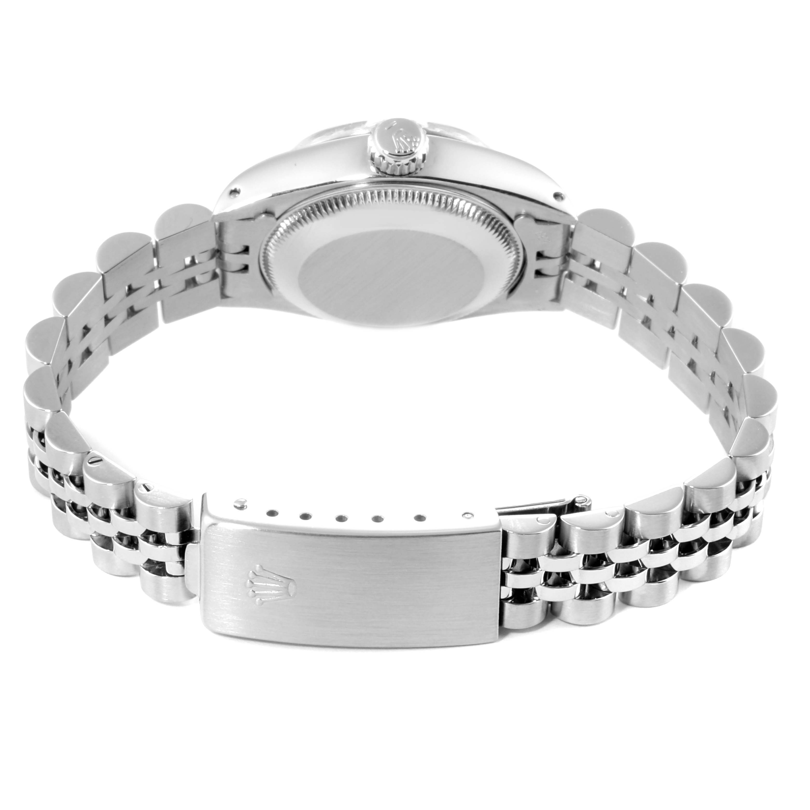 The image shows the back and bracelet of a Rolex Date 6924 Women's Stainless Steel Silver Dial 6924 Women's Stainless Steel Silver Dial model watch, emphasizing the clasp and caseback.