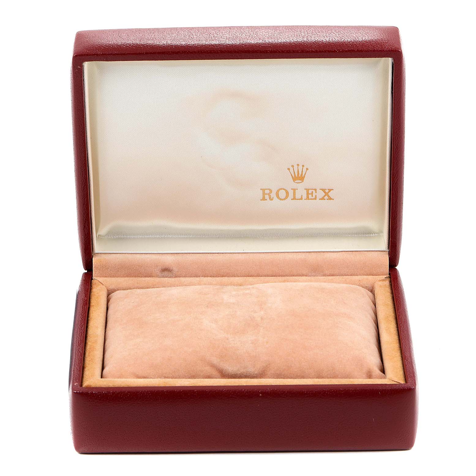 This is an open Rolex Date 6924 Women's Stainless Steel Silver Dial 6924 Women's Stainless Steel Silver Dial model watch box, showing its interior lining and cushioning.