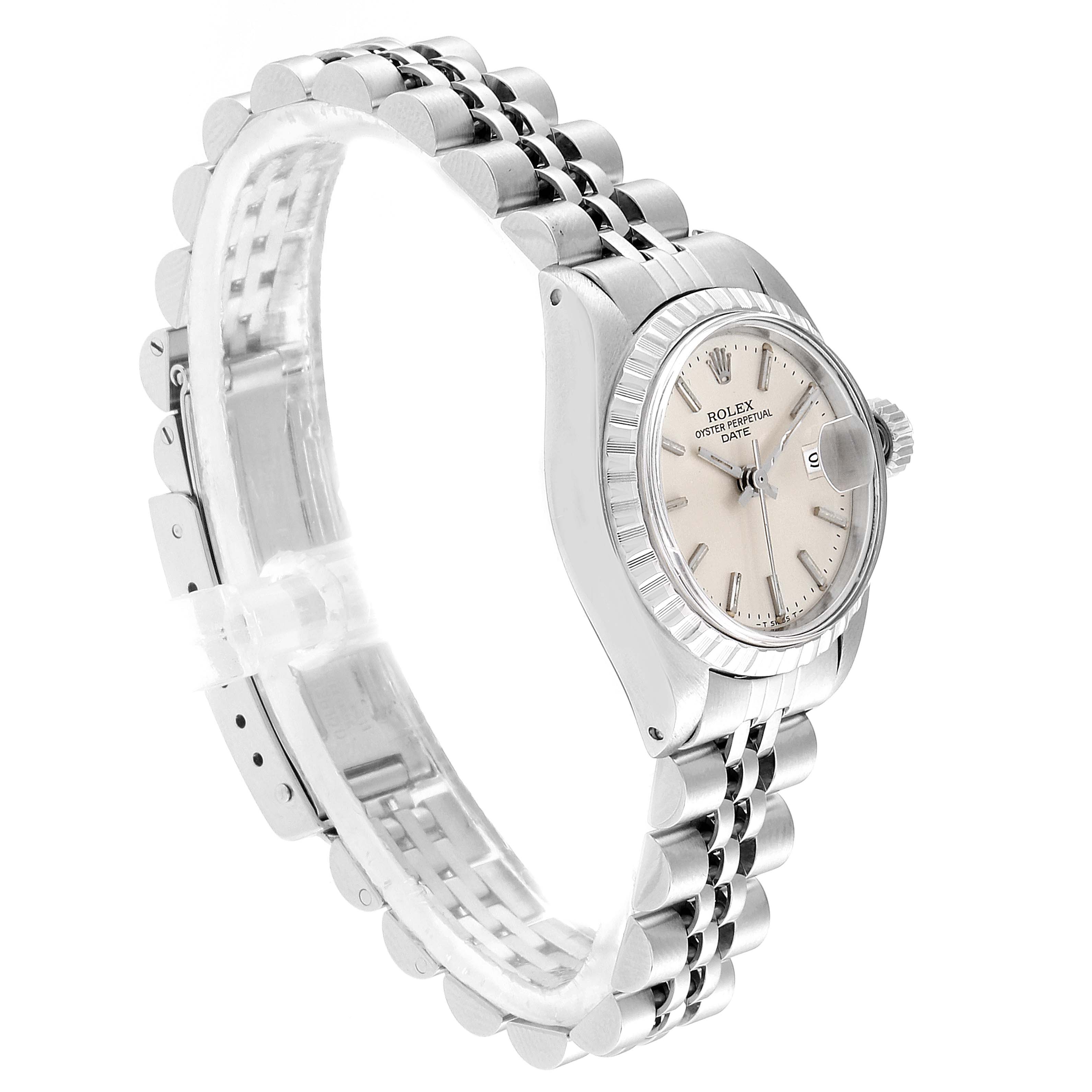 The image shows a Rolex Date 6924 Women's Stainless Steel Silver Dial 6924 Women's Stainless Steel Silver Dial model watch at a slight angle, displaying its face, bezel, crown, and bracelet.