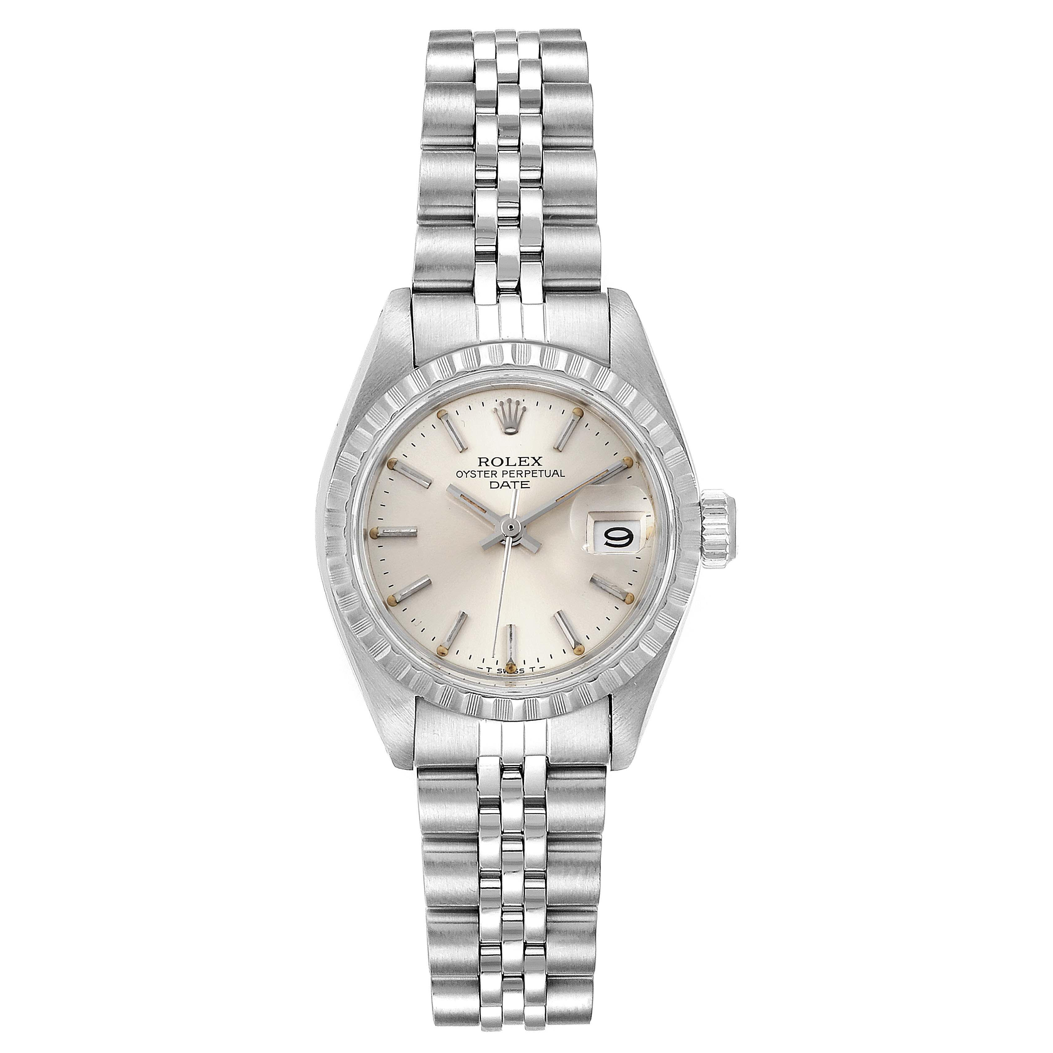 A frontal view of a Rolex Date 6924 Women's Stainless Steel Silver Dial 6924 Women's Stainless Steel Silver Dial model watch showing the dial, date window, bezel, crown, and Jubilee bracelet.