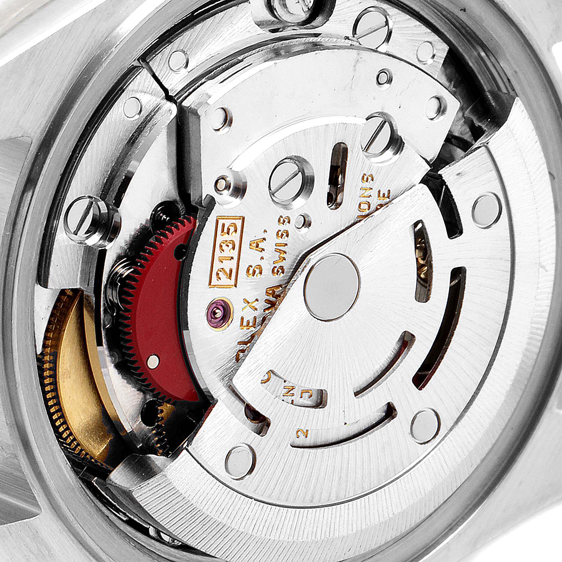 This image shows a close-up of the movement mechanism of the Rolex Datejust 69163 Women's Steel and Gold (two tone) Champagne Dial 69163 Women's Steel and Gold (two tone) Champagne Dial watch.