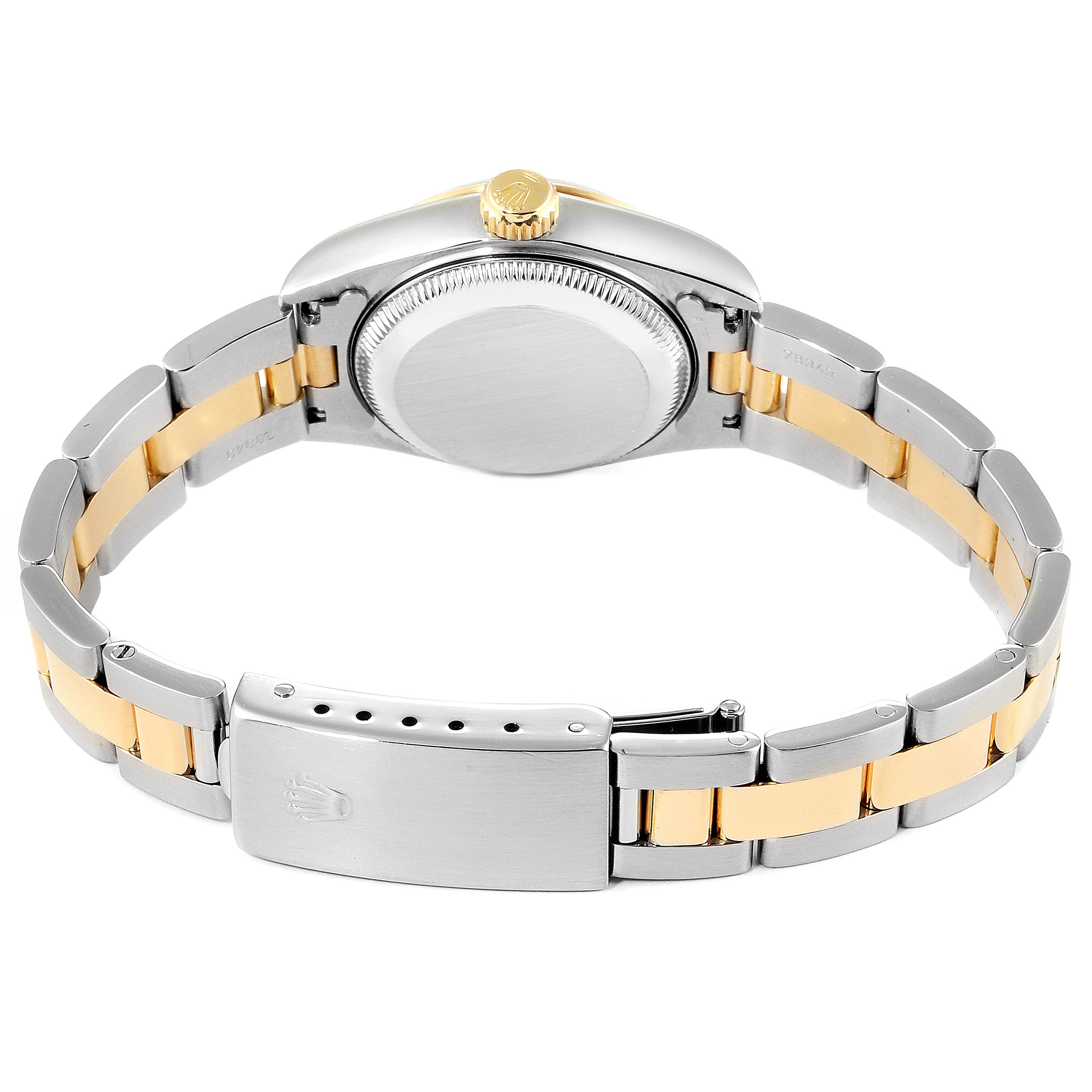This image shows the back case, crown, and bracelet clasp of a Rolex Datejust 69163 Women's Steel and Gold (two tone) Champagne Dial 69163 Women's Steel and Gold (two tone) Champagne Dial watch from a rear angle.