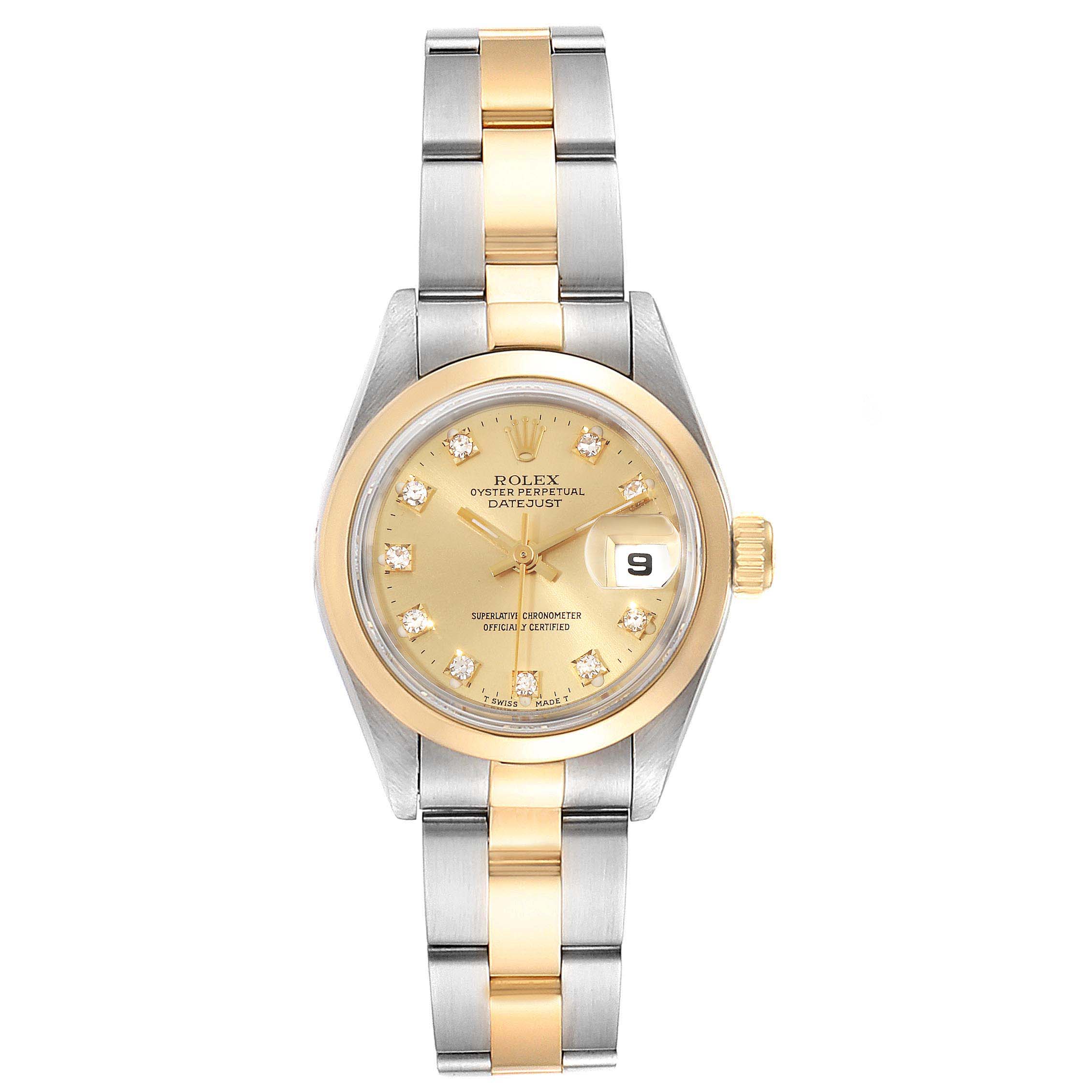The image shows a front view of the Rolex Datejust 69163 Women's Steel and Gold (two tone) Champagne Dial 69163 Women's Steel and Gold (two tone) Champagne Dial watch, including its dial, bracelet, and bezel.