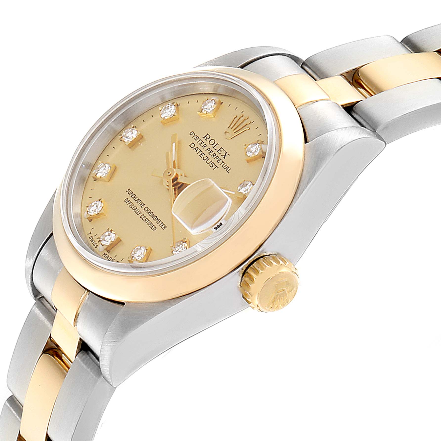 This image shows a side angle of the Rolex Datejust 69163 Women's Steel and Gold (two tone) Champagne Dial 69163 Women's Steel and Gold (two tone) Champagne Dial watch, highlighting the dial, bezel, crown, and part of the bracelet.