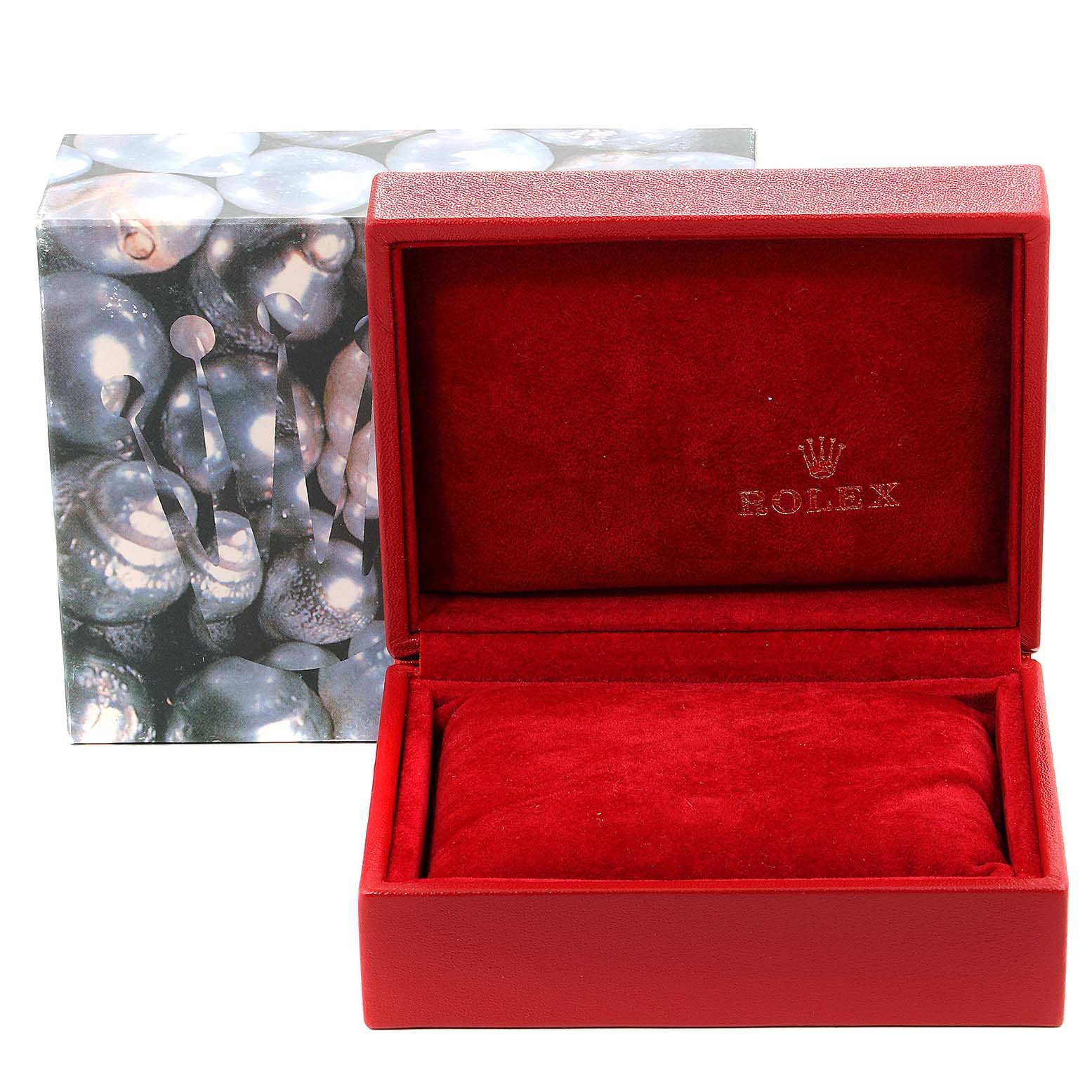 The image shows an open red box with the Rolex logo, likely used to store the Rolex Datejust 69163 Women's Steel and Gold (two tone) Champagne Dial 69163 Women's Steel and Gold (two tone) Champagne Dial watch.