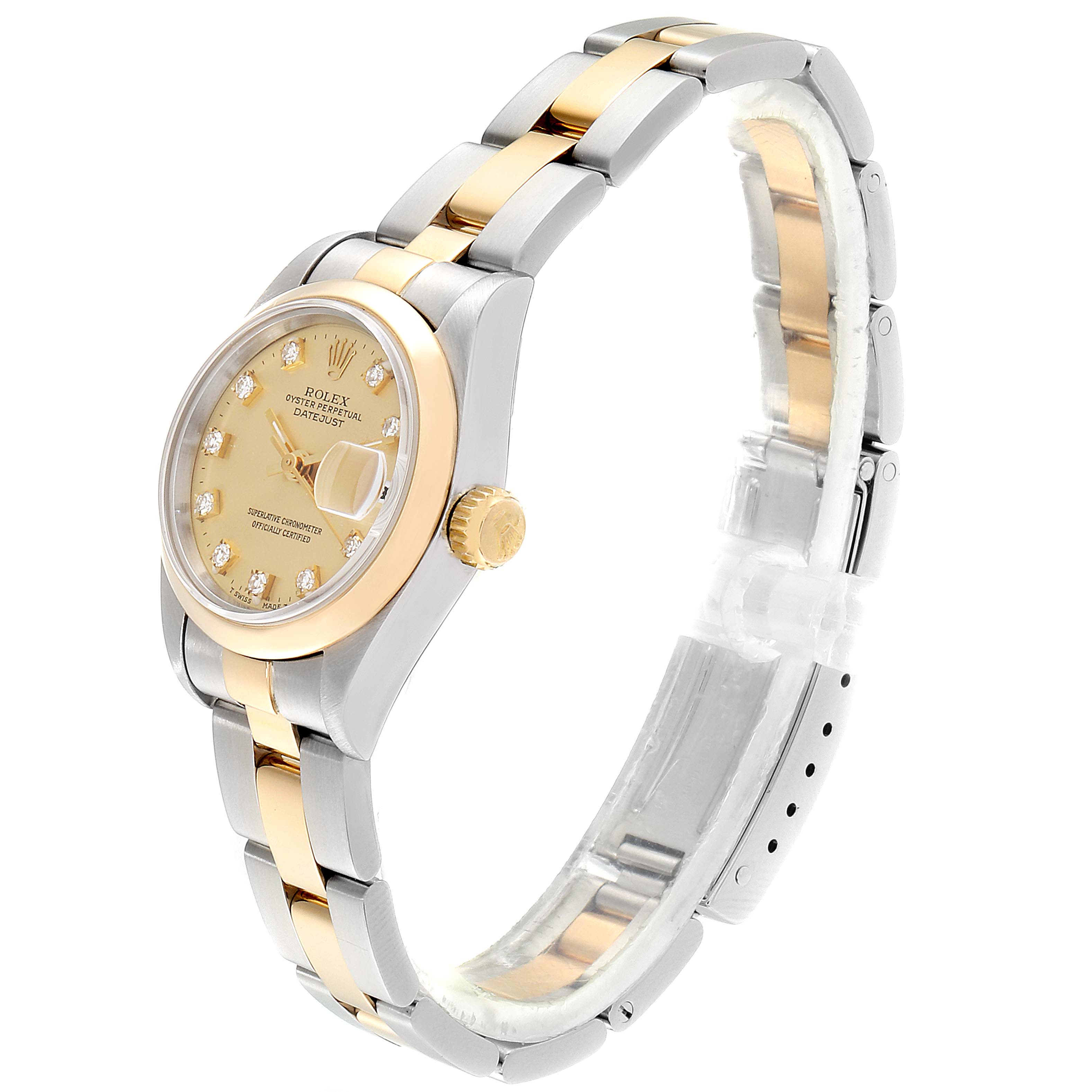 The image shows the Rolex Datejust 69163 Women's Steel and Gold (two tone) Champagne Dial 69163 Women's Steel and Gold (two tone) Champagne Dial watch from a slight side angle, highlighting its gold and silver bracelet, dial, and crown.