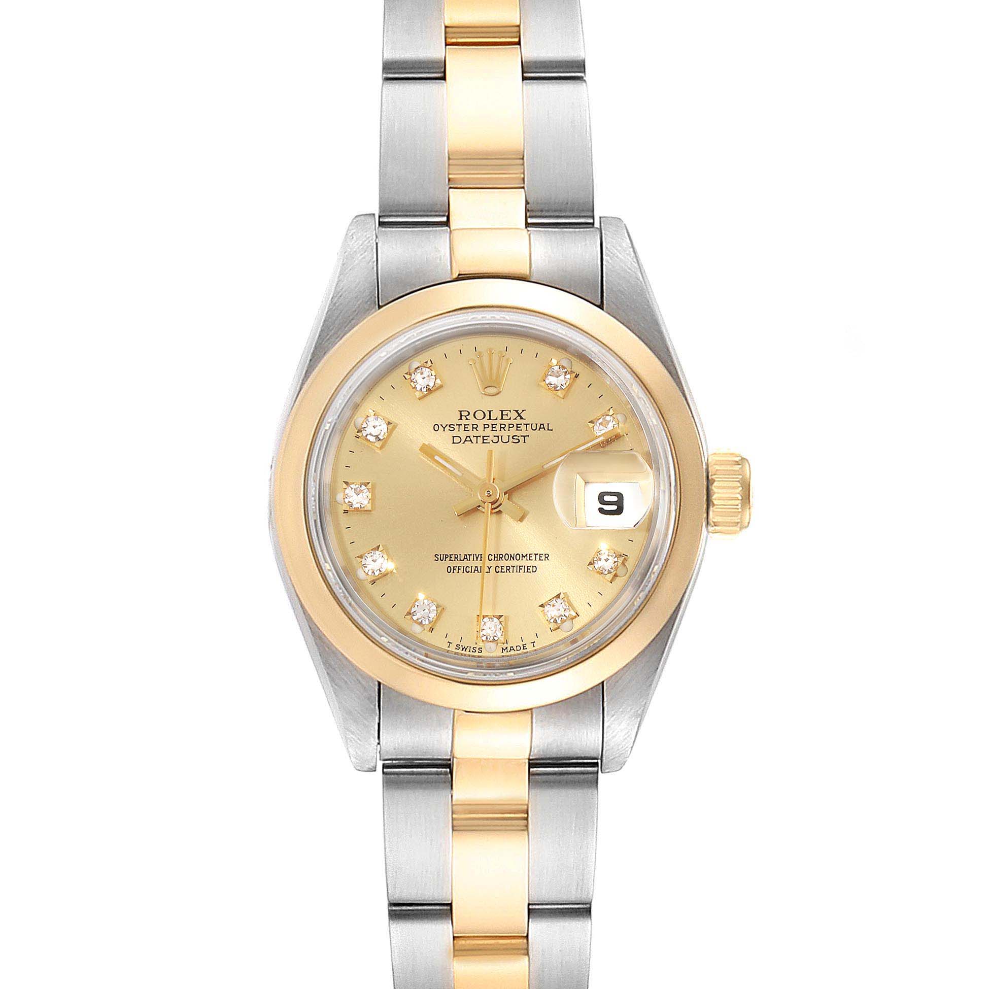 The image shows the front view of a Rolex Datejust 69163 Women's Steel and Gold (two tone) Champagne Dial 69163 Women's Steel and Gold (two tone) Champagne Dial watch featuring a two-tone bracelet, gold dial, and diamond hour markers.