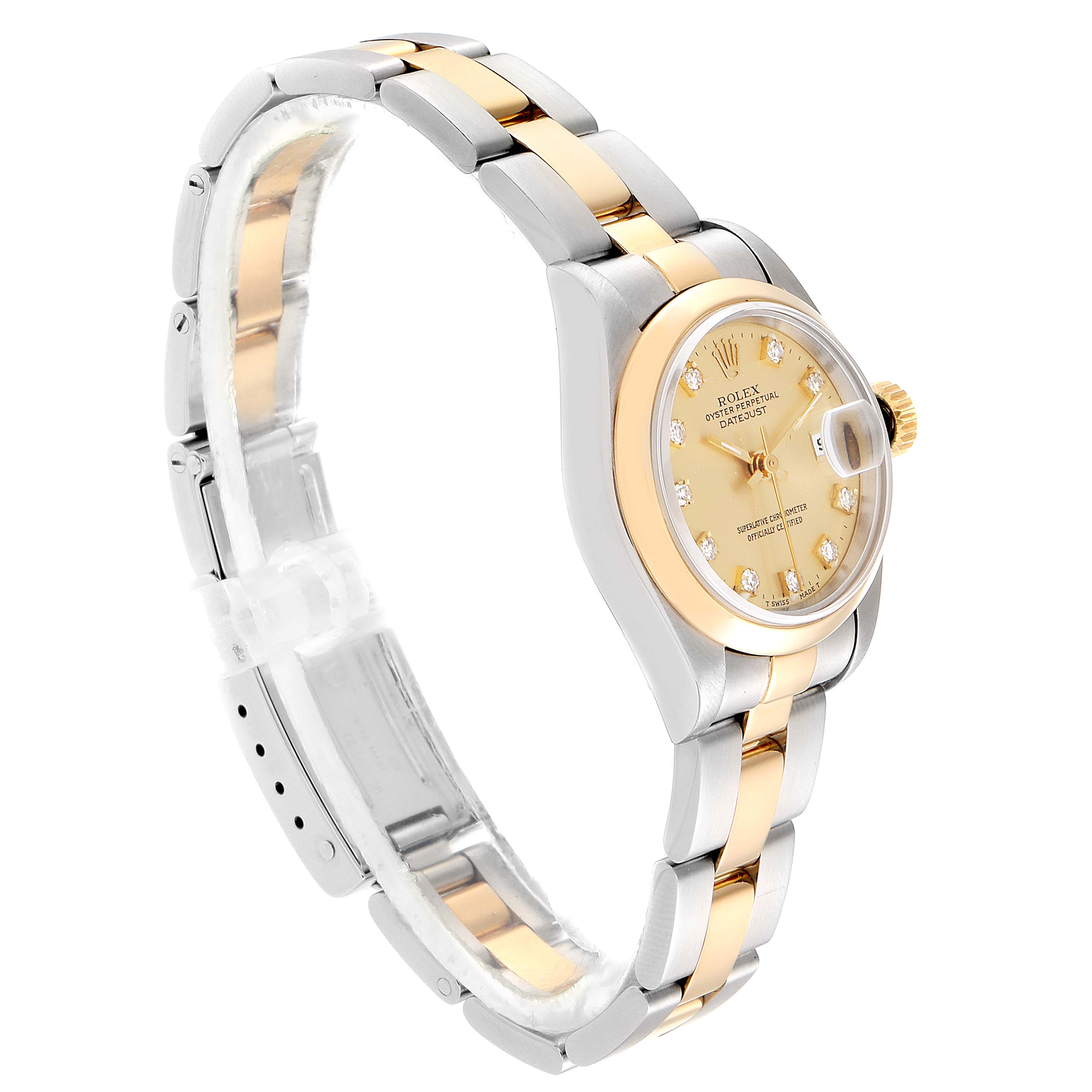 The image shows a Rolex Datejust 69163 Women's Steel and Gold (two tone) Champagne Dial 69163 Women's Steel and Gold (two tone) Champagne Dial watch from a side angle, highlighting its two-tone band, gold bezel, and face with diamond markers.