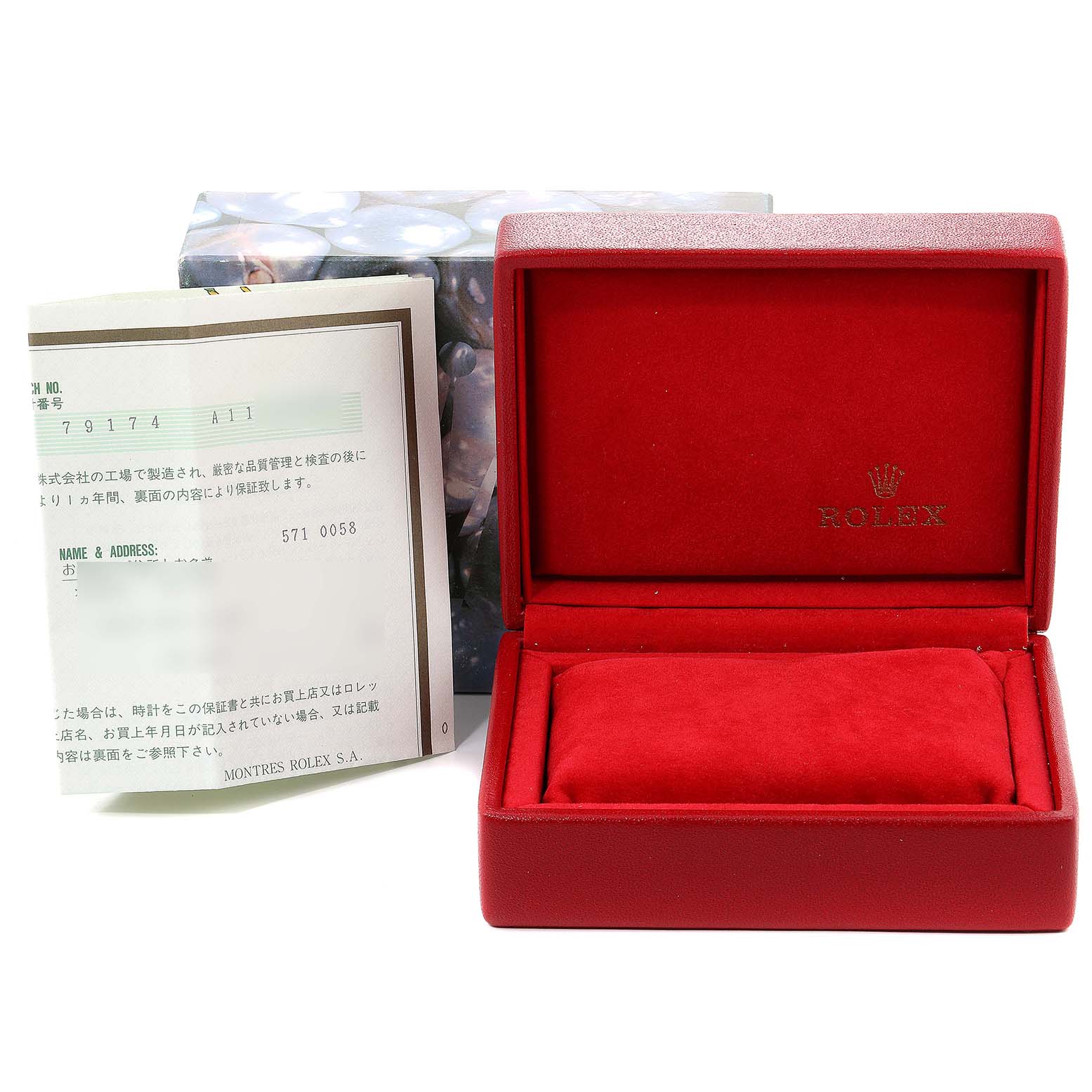 The image shows a Rolex Datejust 79174 Women's Stainless Steel Silver Dial 79174 Women's Stainless Steel Silver Dial watch box, warranty card, and a decorative outer box.