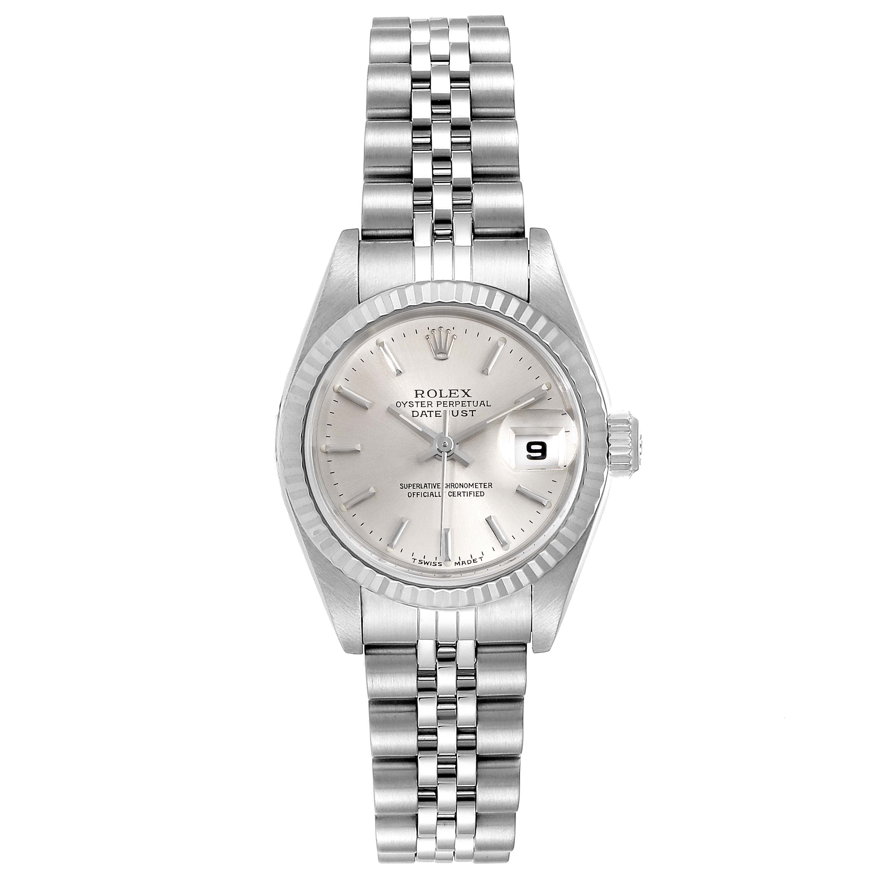 The image shows a front view of the Rolex Datejust 79174 Women's Stainless Steel Silver Dial 79174 Women's Stainless Steel Silver Dial watch, displaying its dial, Jubilee bracelet, bezel, and date window.