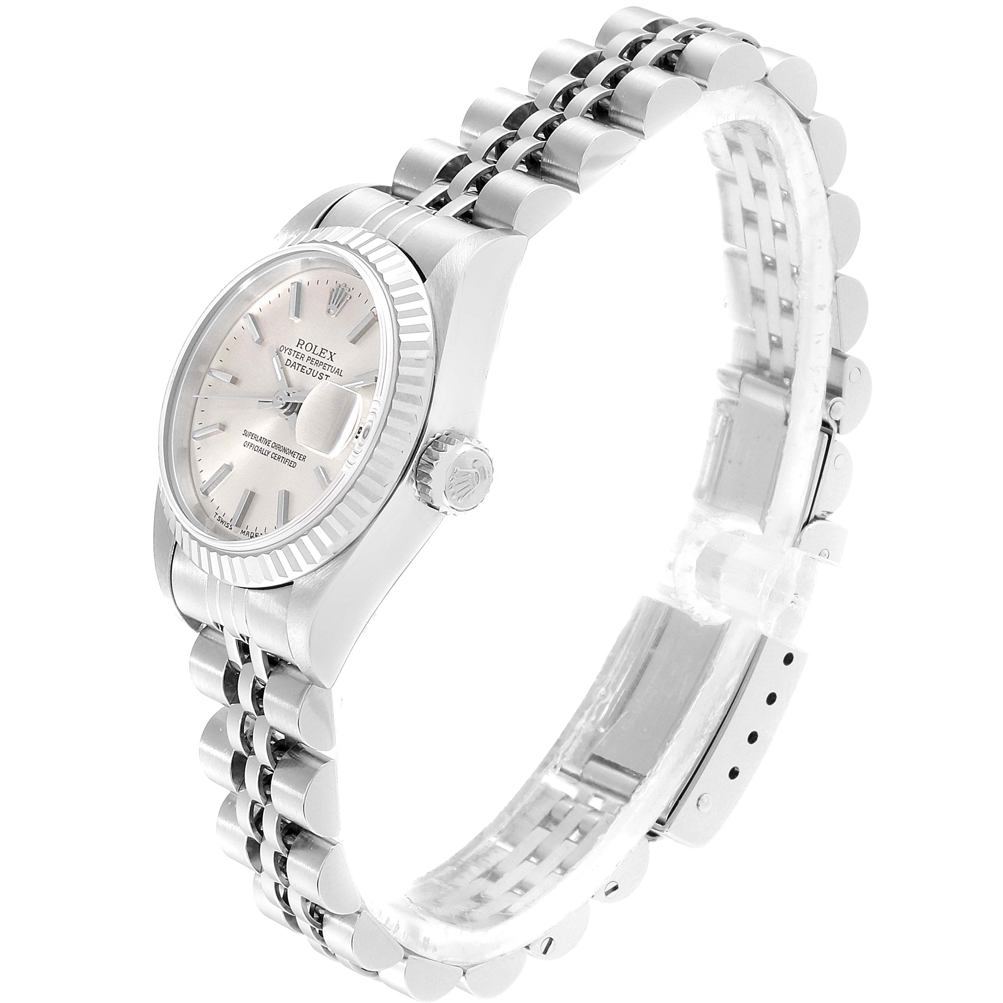 The image shows a Rolex Datejust 79174 Women's Stainless Steel Silver Dial 79174 Women's Stainless Steel Silver Dial watch at an angled side view, capturing the dial, bezel, crown, and bracelet.