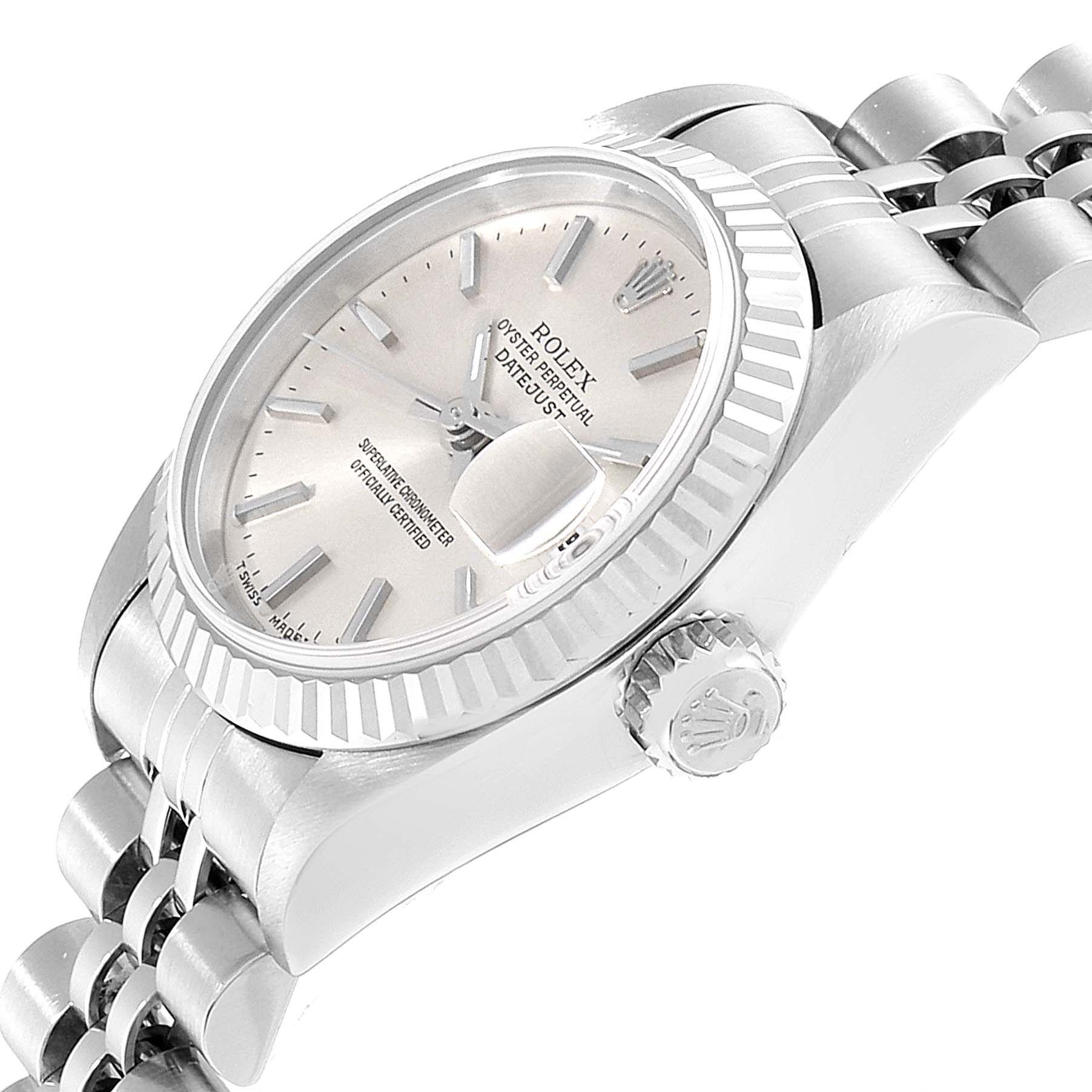The image shows a side angle of a Rolex Datejust 79174 Women's Stainless Steel Silver Dial 79174 Women's Stainless Steel Silver Dial watch, featuring the crown, bezel, and part of the bracelet.