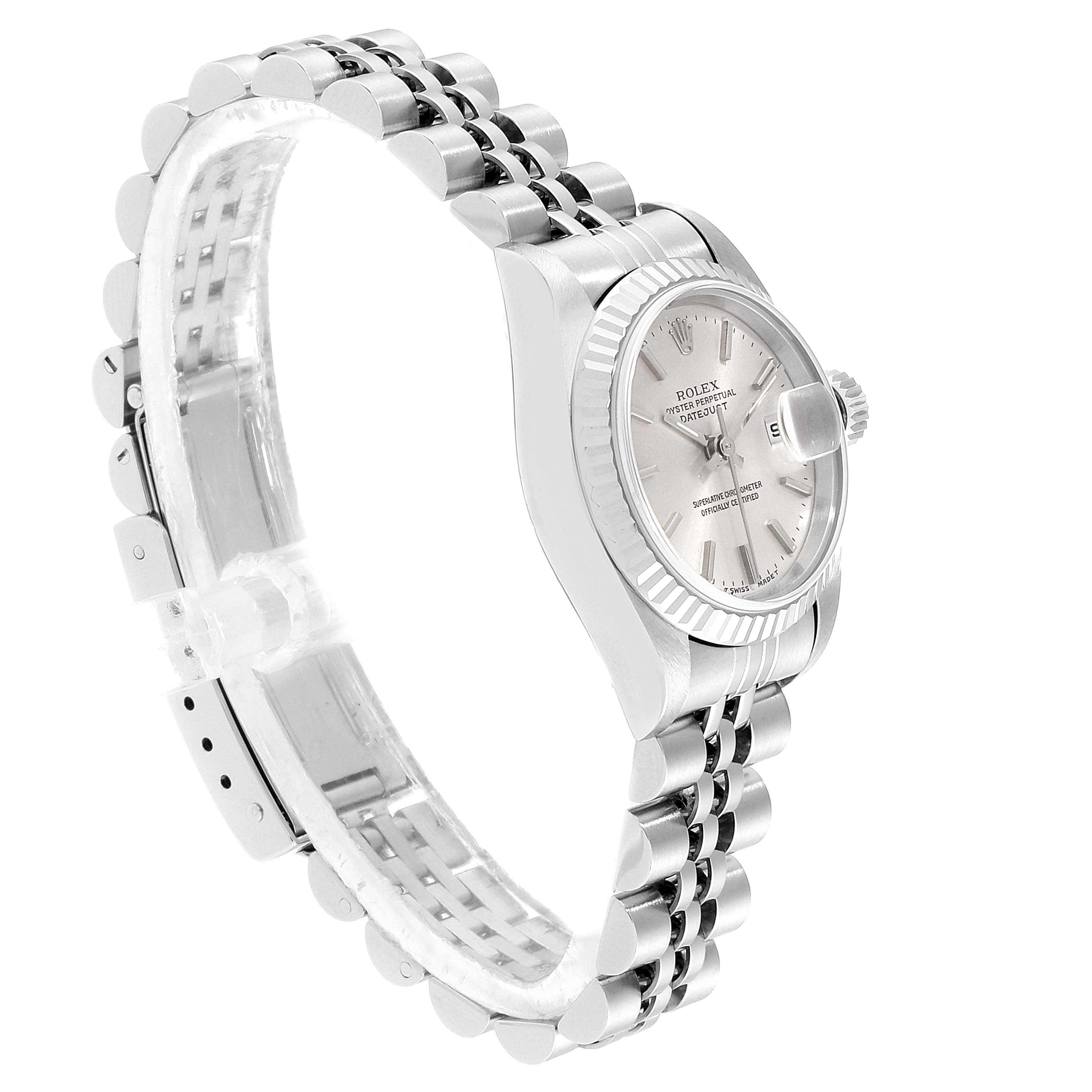The image shows a side angle view of a Rolex Datejust 79174 Women's Stainless Steel Silver Dial 79174 Women's Stainless Steel Silver Dial watch, highlighting the face, bezel, crown, and bracelet.